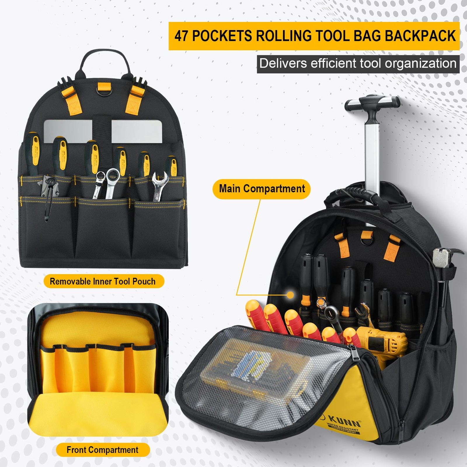 Rolling Tool Backpack with Wheels, Heavy Duty Waterproof Wheeled Tool Bag, 47…