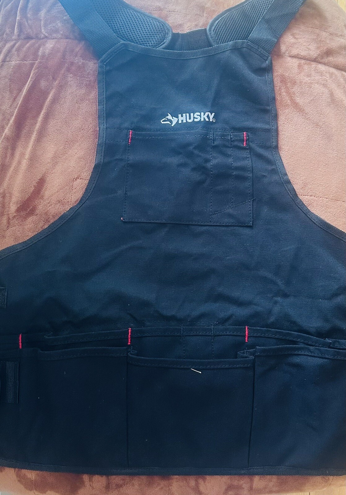 Husky Tools 23 Inch 16 Pocket Black Canvas Bib Tool Apron Workshop Equipment