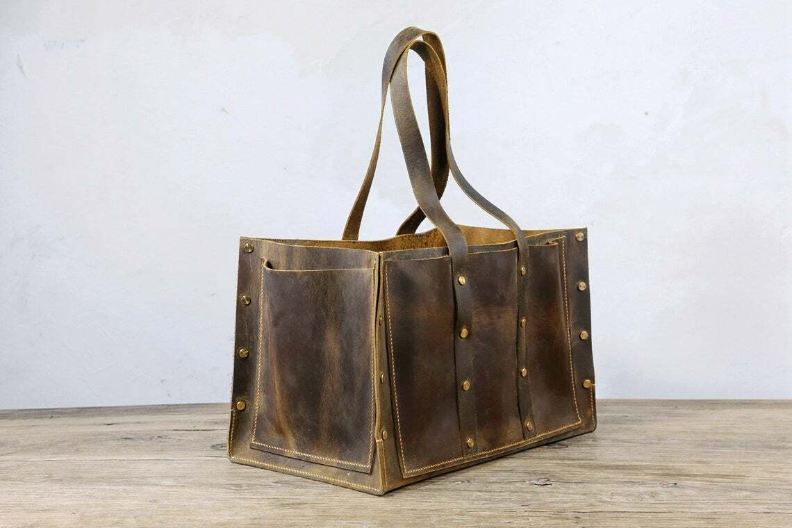 Rustic full grain leather tool bag box vintage leather tool tote bag for men