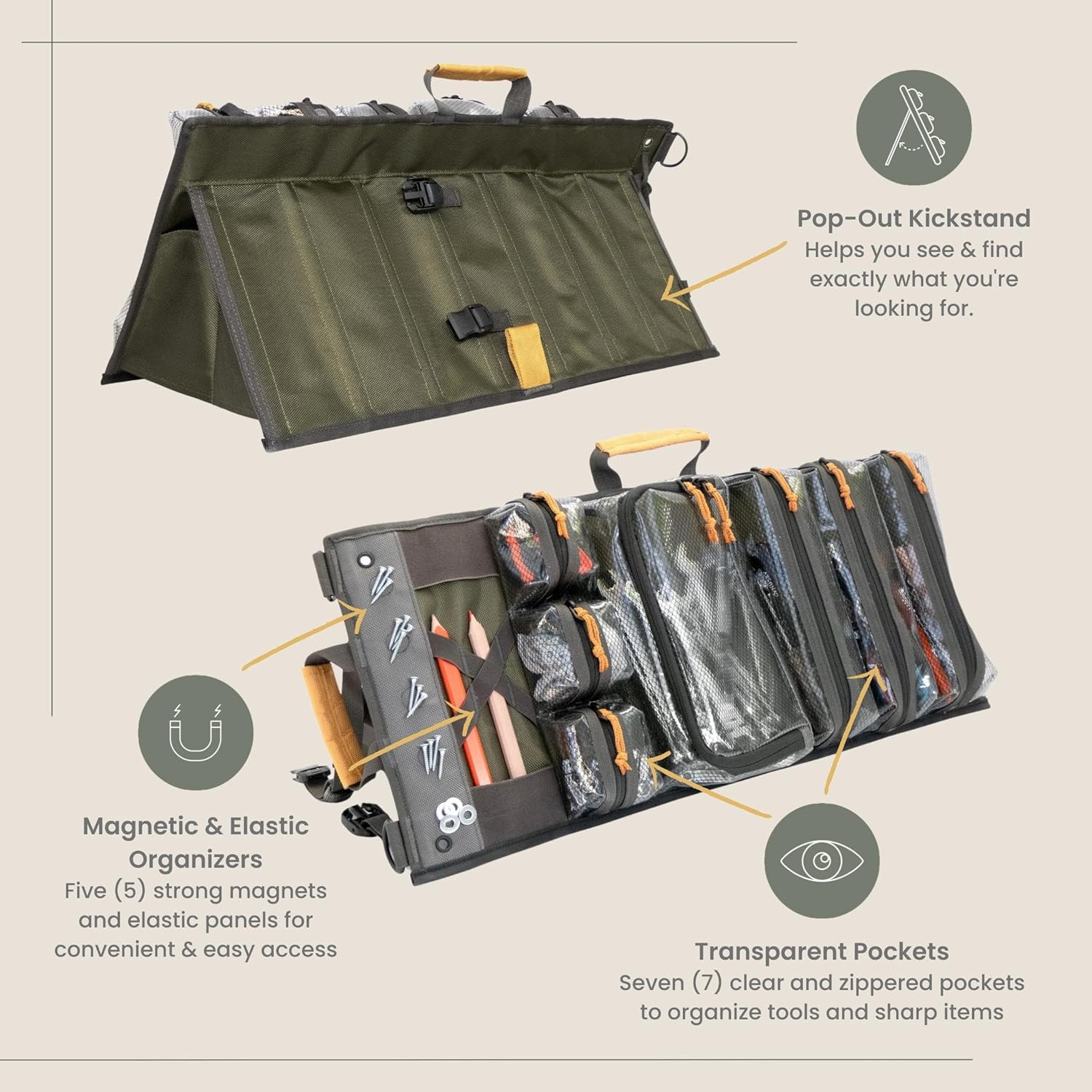 Heavy Duty Roll-Up Tool Bag with Kickstand & 7 Pockets for Easy Access