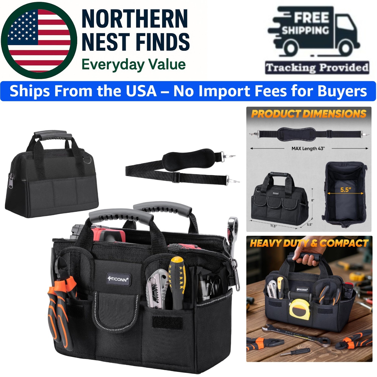 Heavy-Duty 600D Oxford Fabric Tool Bag with Reflective Strips, 100 kg Capacity