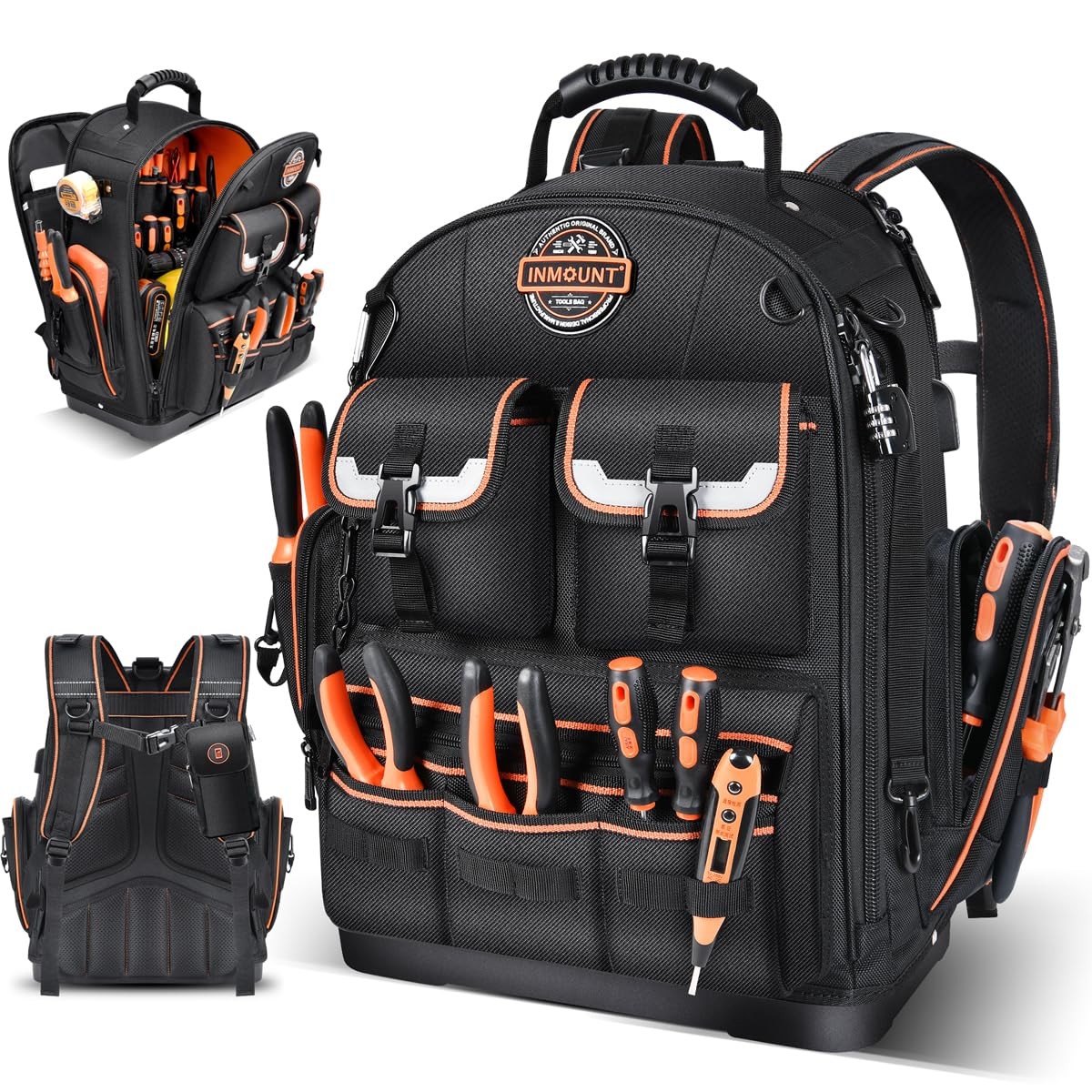 LOKASS Tool Backpack Heavy Duty with Molded Bottom, 1680D 56-Pocket Tool Bag …