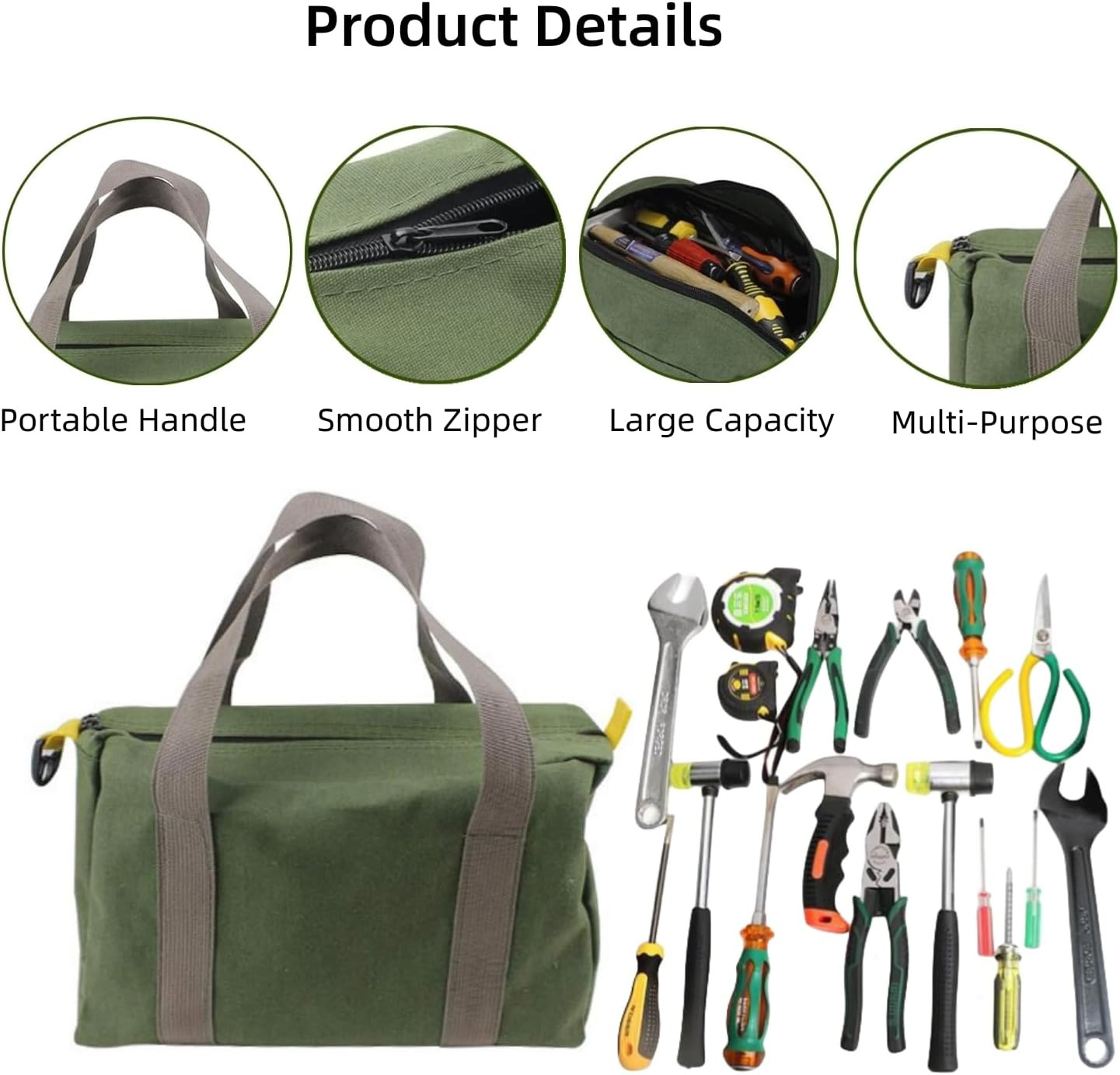 12 Inch Wide Mouth Tool Bag, Heavy Duty Canvas Tool Storage Bag for Men, Large