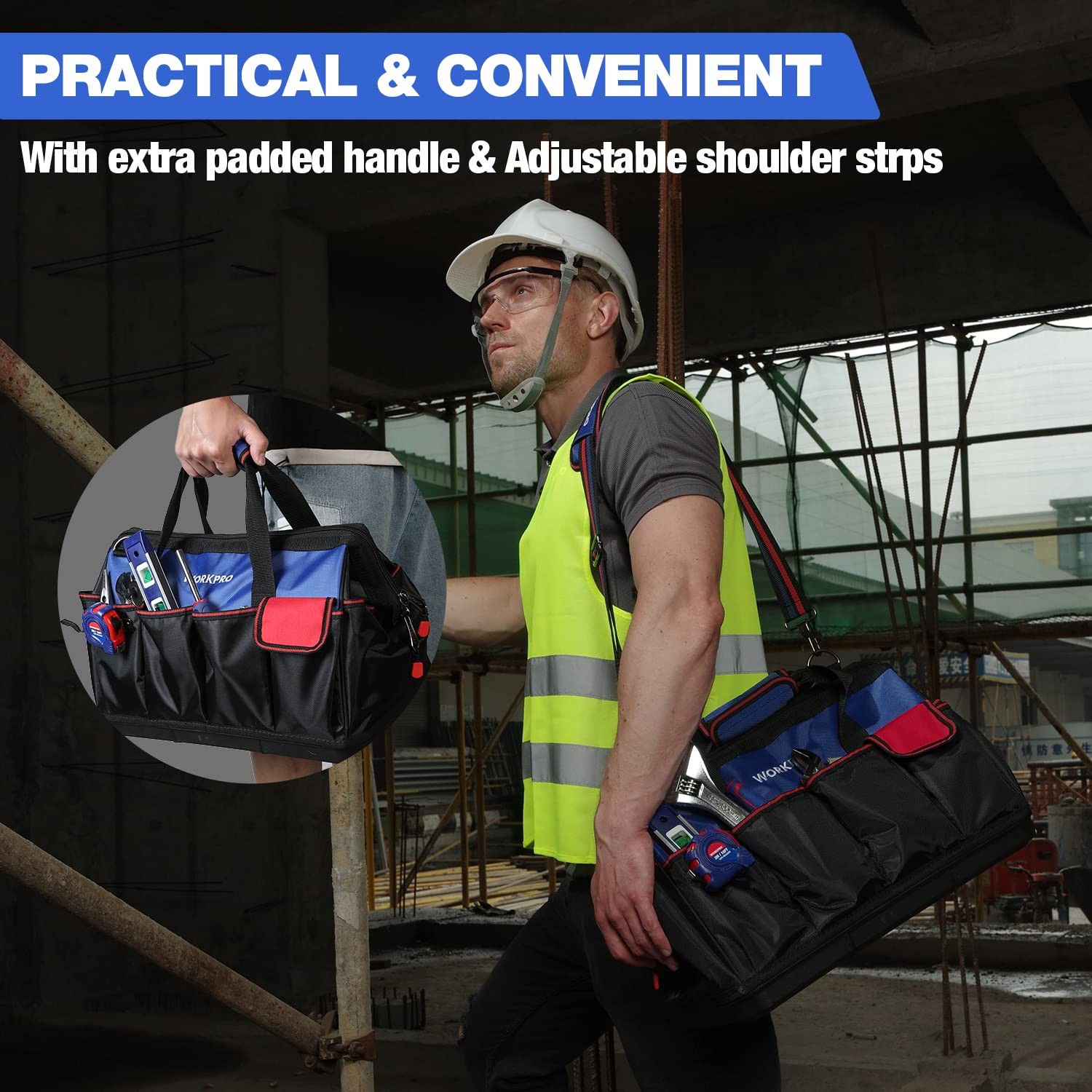 WORKPRO Tool Bag, 18 Inch Bag with 18″ x 12.6″ x 10″, Blue&Black