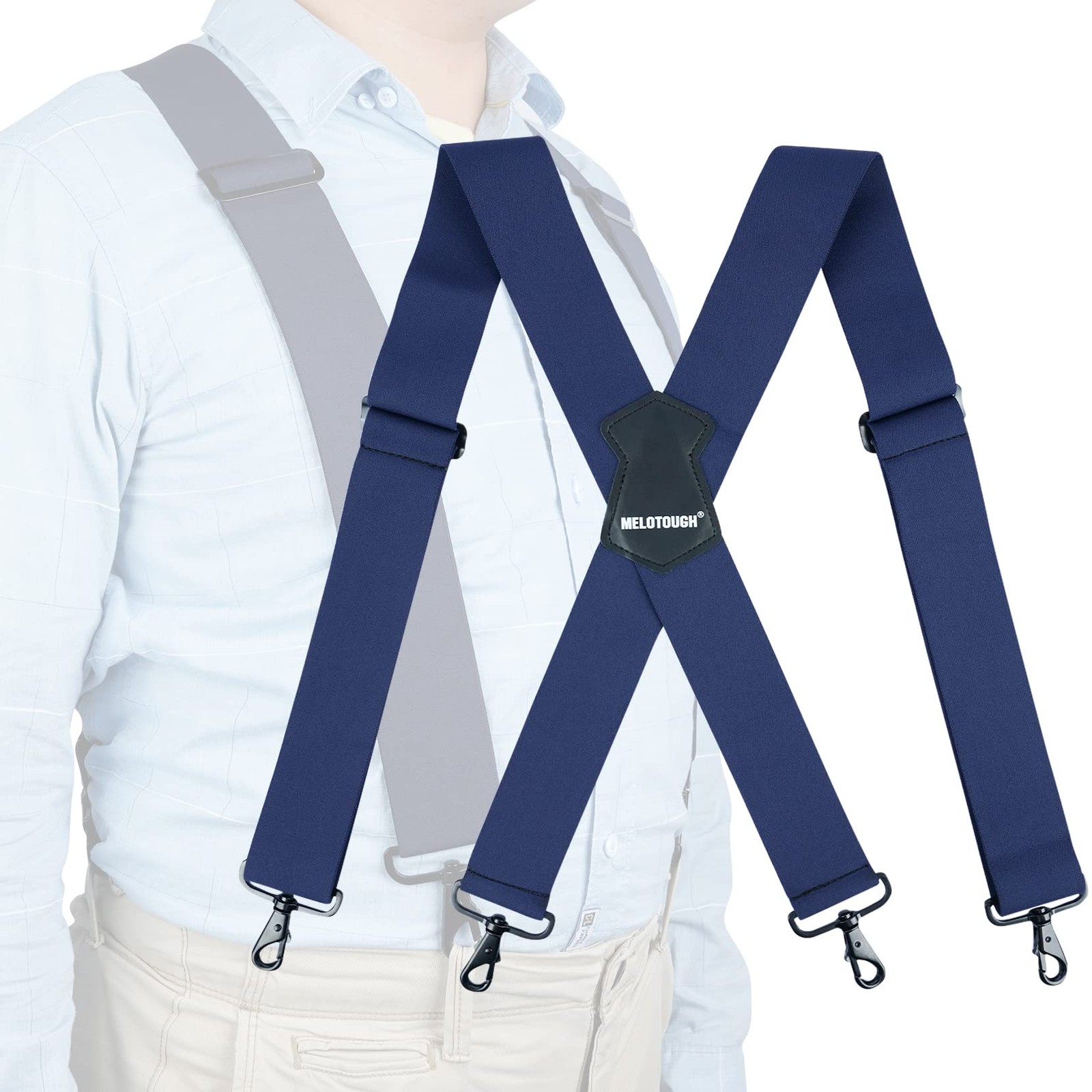 MELOTOUGH Men’s Suspenders Fully Elastic 2 Inch Wide X-Back 2 inch, Navy Blue