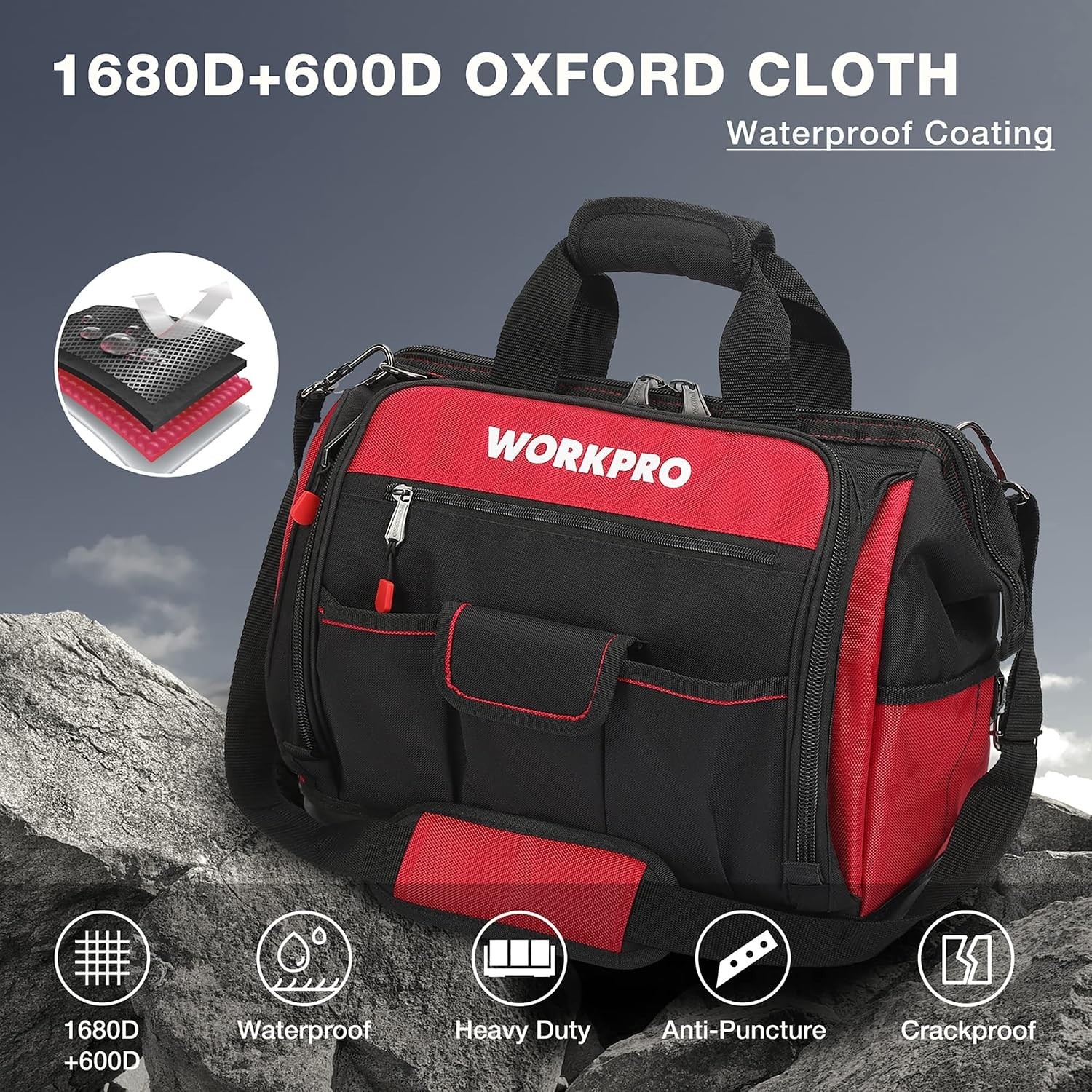 Durable 16″ Tool Storage Bag with Multi-Compartment Design & Waterproof Base