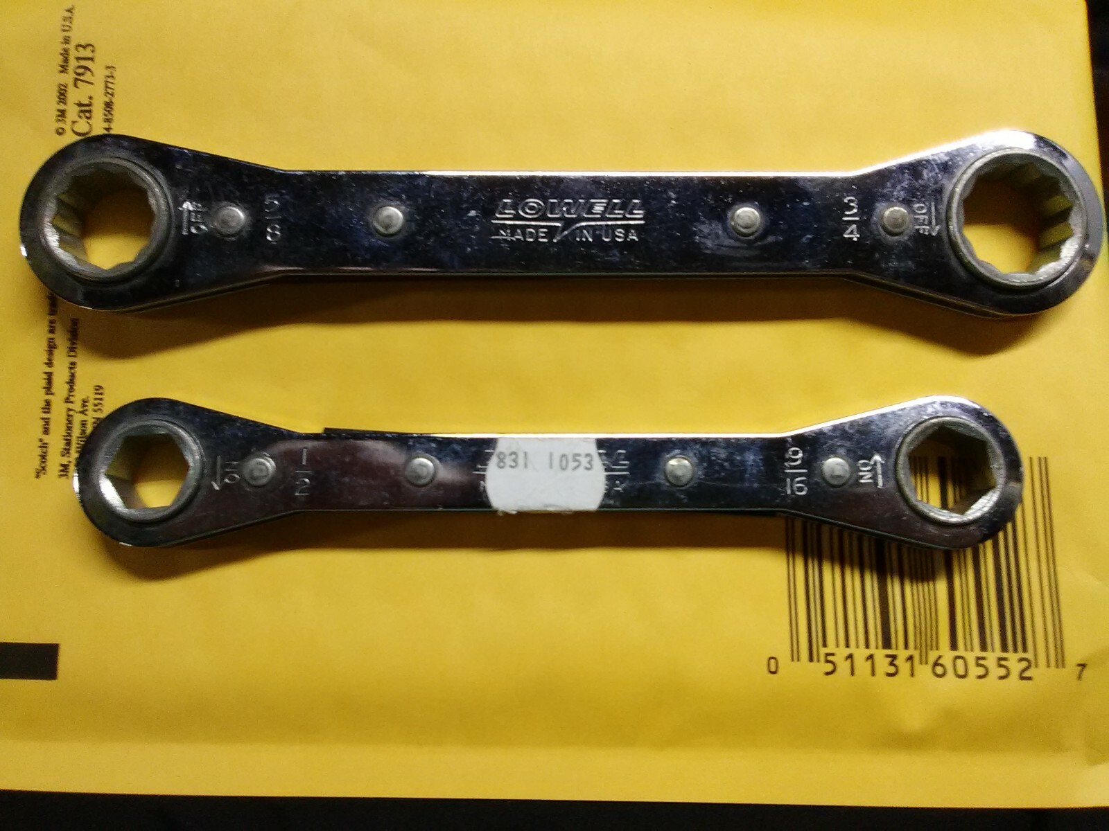 2 EA LOWELL 5/8″ x 3/4″ & 1/2″x 9/16″ DOUBLE BOX END RATCHETING WRENCH, USA