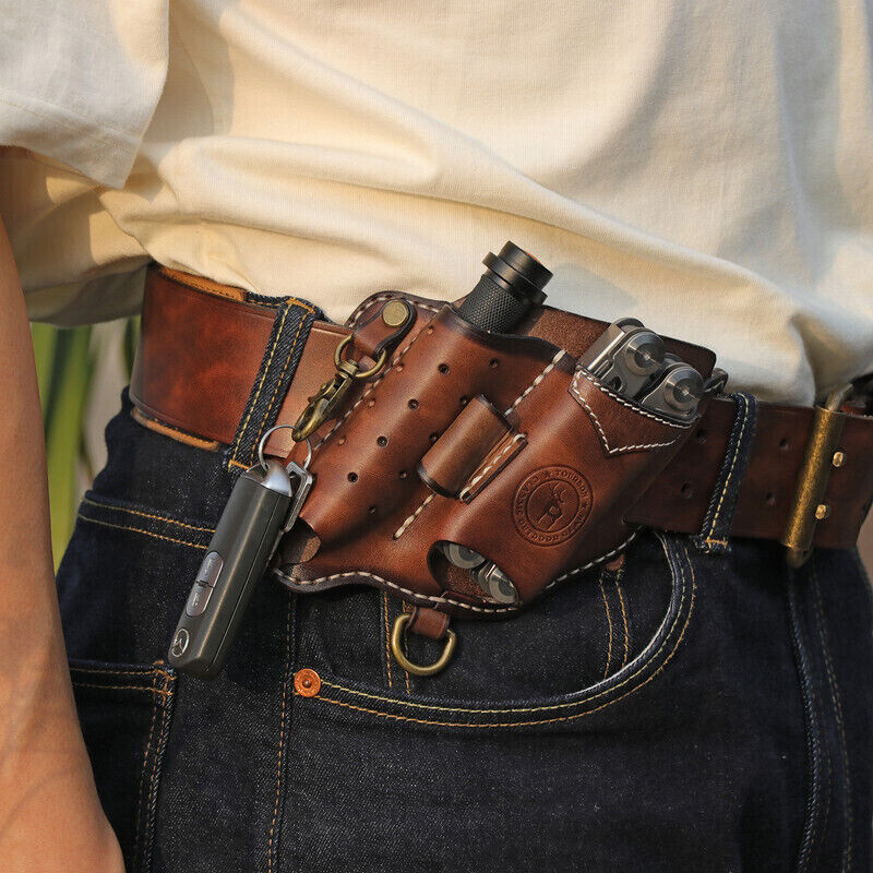 Leather EDC Multitool Pouch Flashlight Holder Knife Sheath Belt Holster-TOURBON