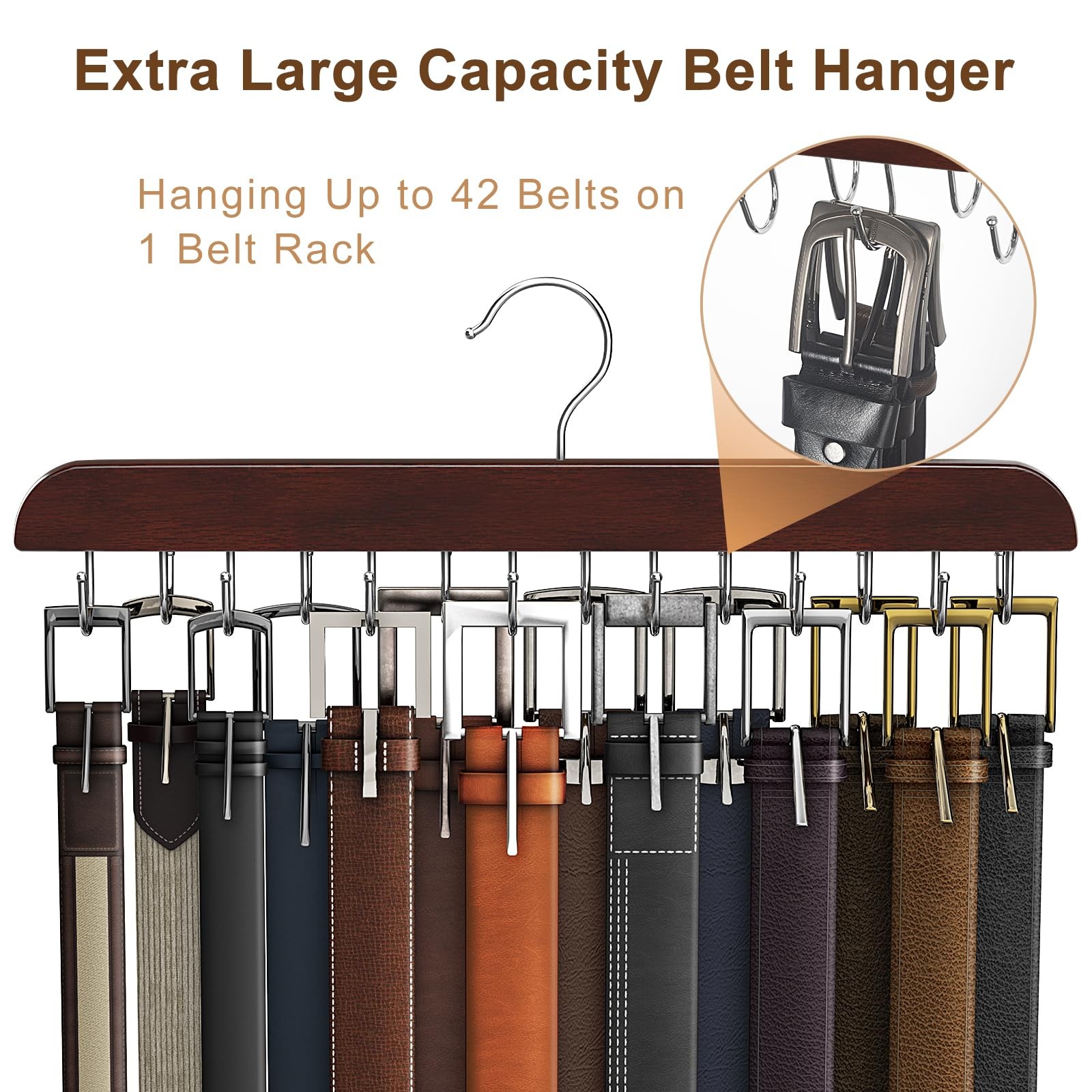 Belt Hanger for Closet Max 42 Belts, Sturdy Wood Belt Rack Closet Accessories..