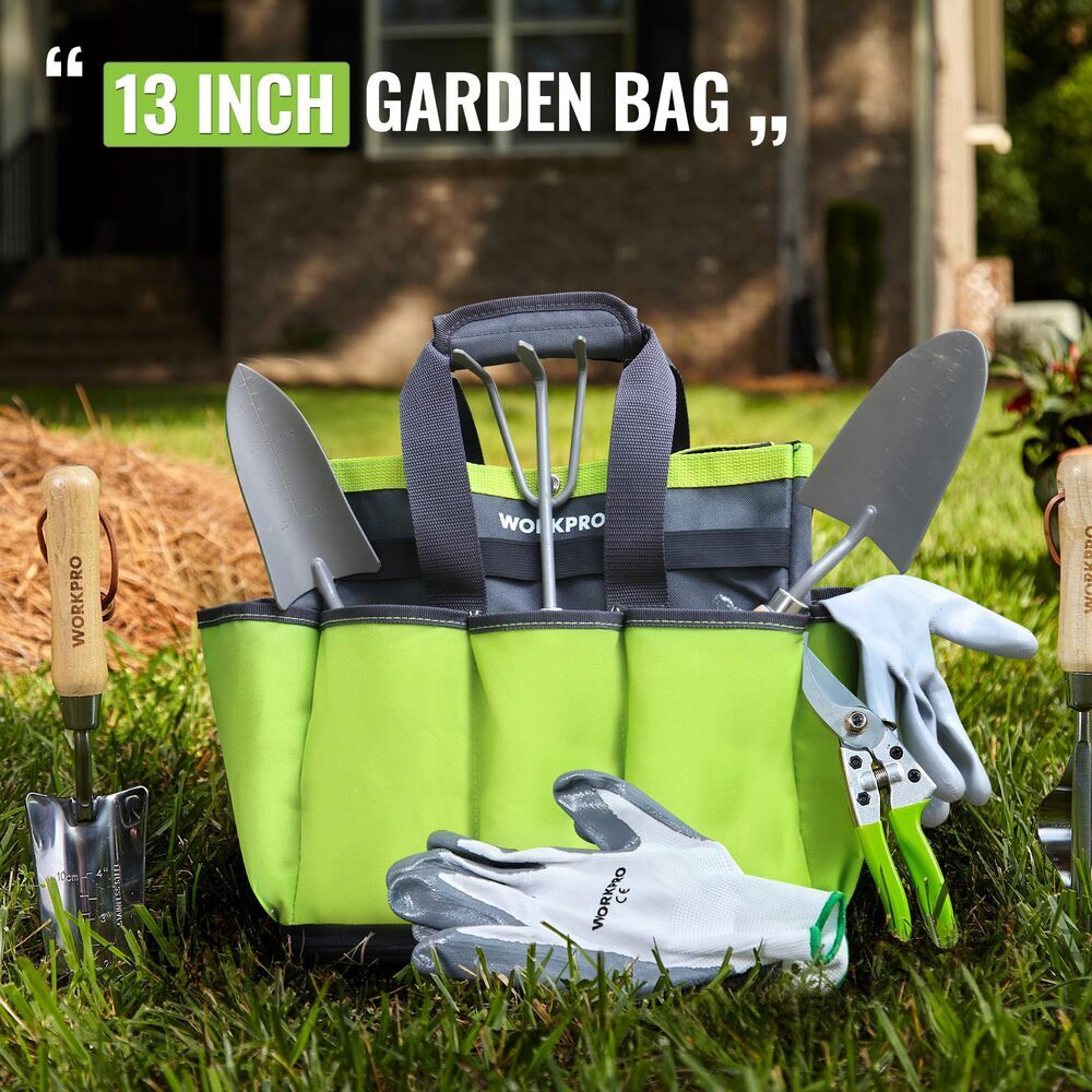 WORKPRO 8 Pockets Garden Tool Bag Waterproof Plastic Base for Indoor and Outdoor