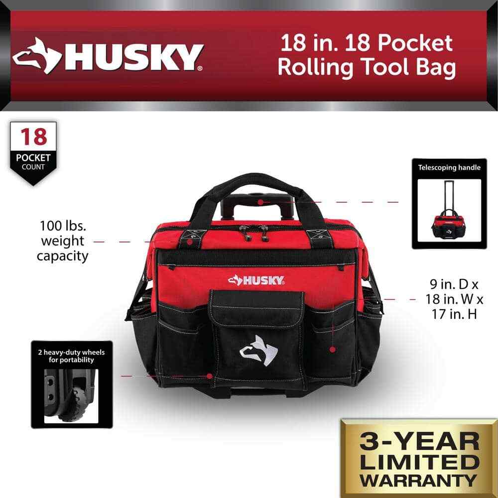 Husky Rolling Tool Bag 18 in. Large 18-Pocket Water-Resistant Telescoping Handle