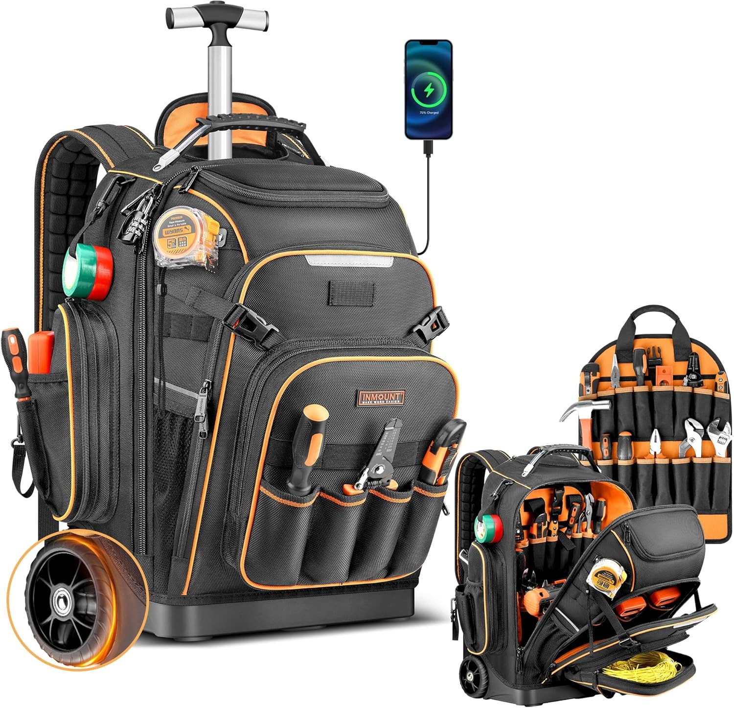 Rolling Tool Backpack Bag with Wheels Heavy Duty Molded Base Lock