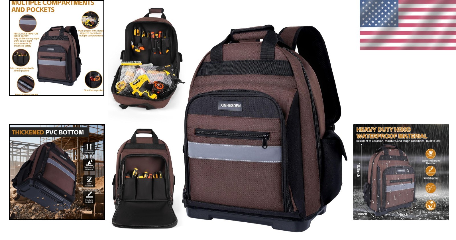 Brown 1680D Waterproof Tool Bag Backpack – Perfect for Contractors & Technicians