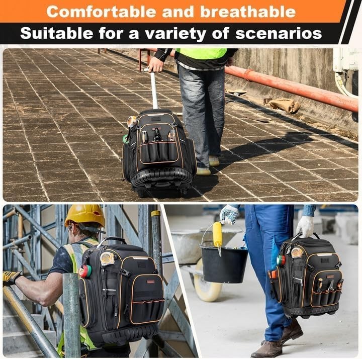 Tool Backpack with Smooth Swivel Wheels and Adjustable Trolley Handle