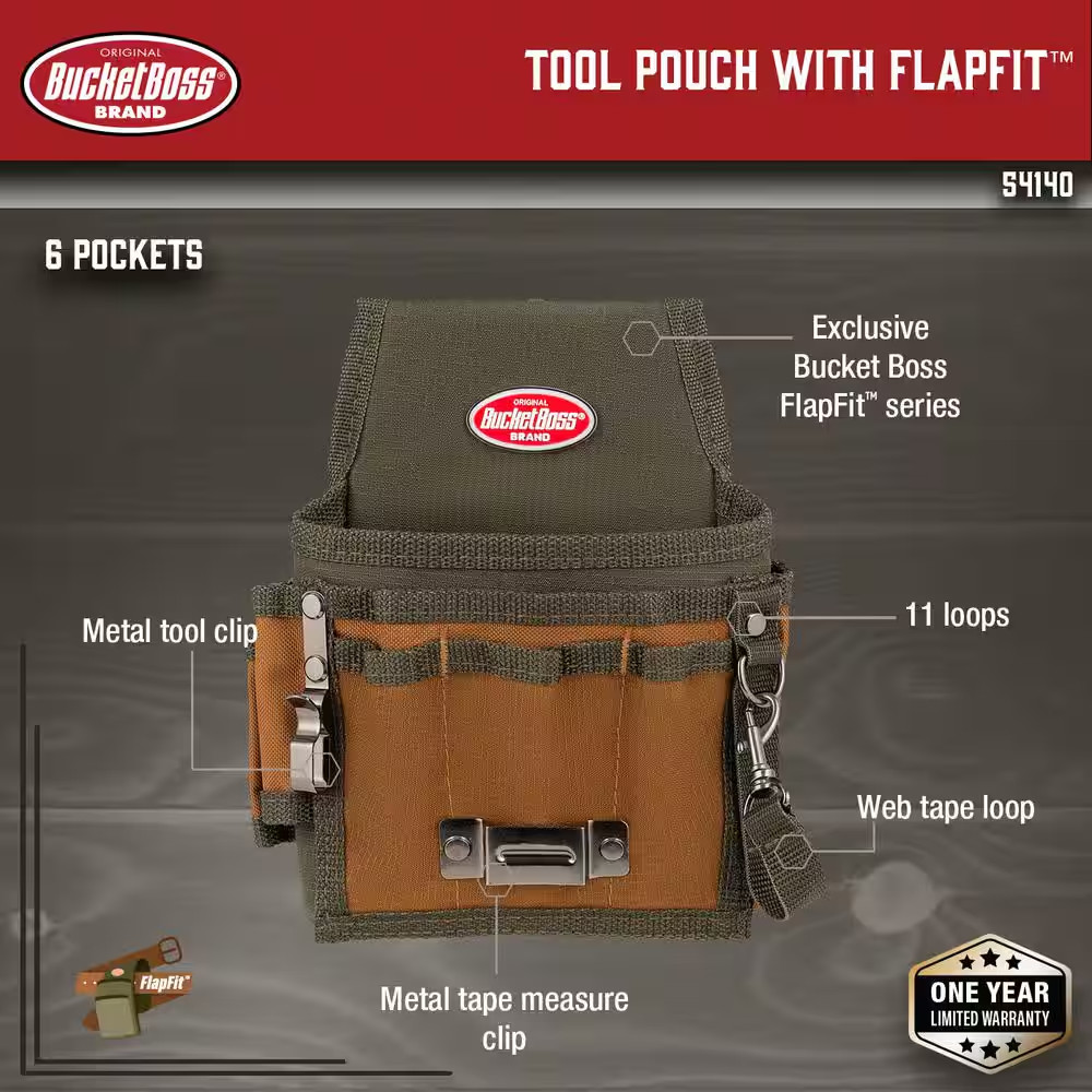 Bucket Boss 54140 Tool Pouch, Tool Pouch, Green, Polyester, 9 Pockets Free Ship