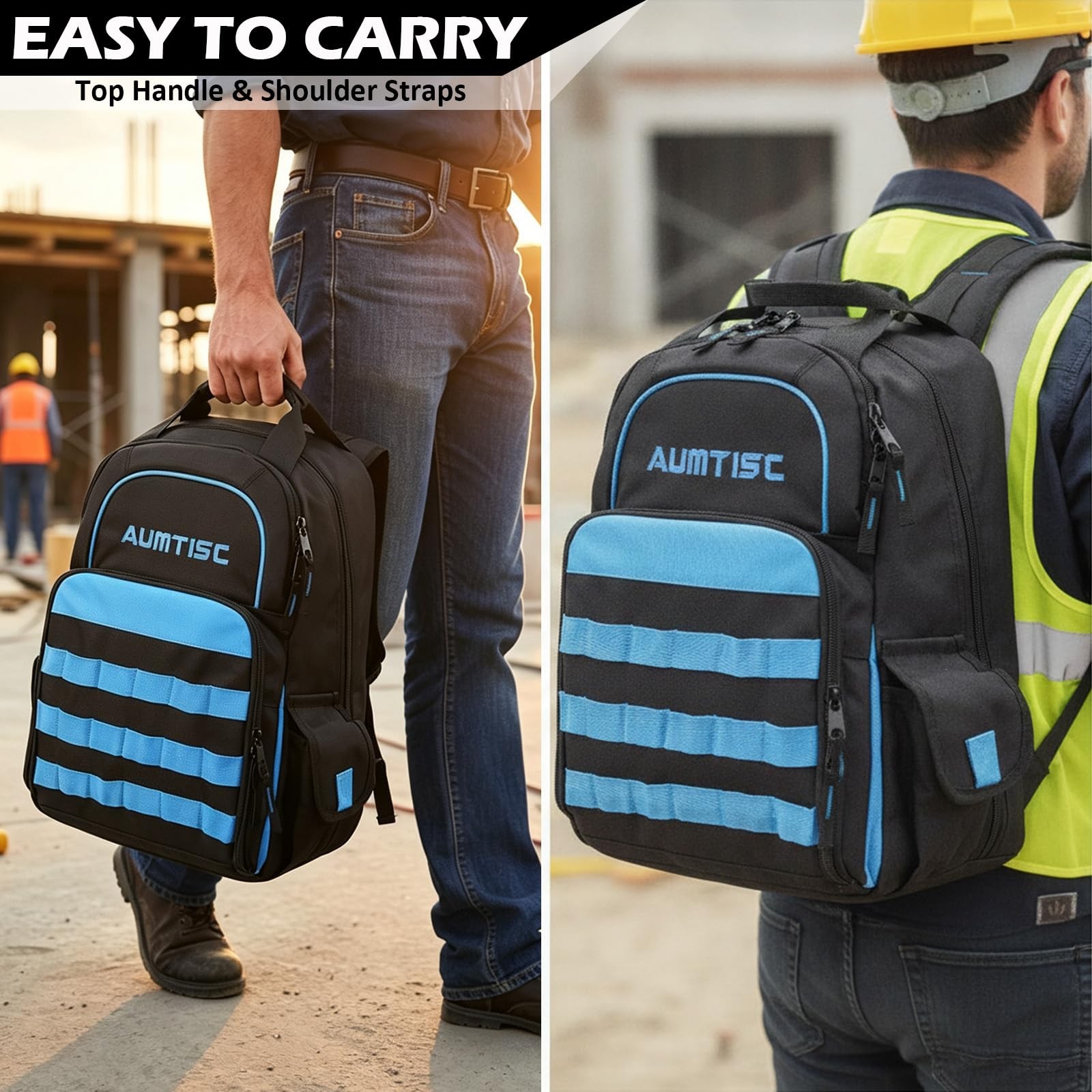 AUMTISC Tool Bag Backpack for Men, Large Heavy Duty Bags with 49 L, Blue