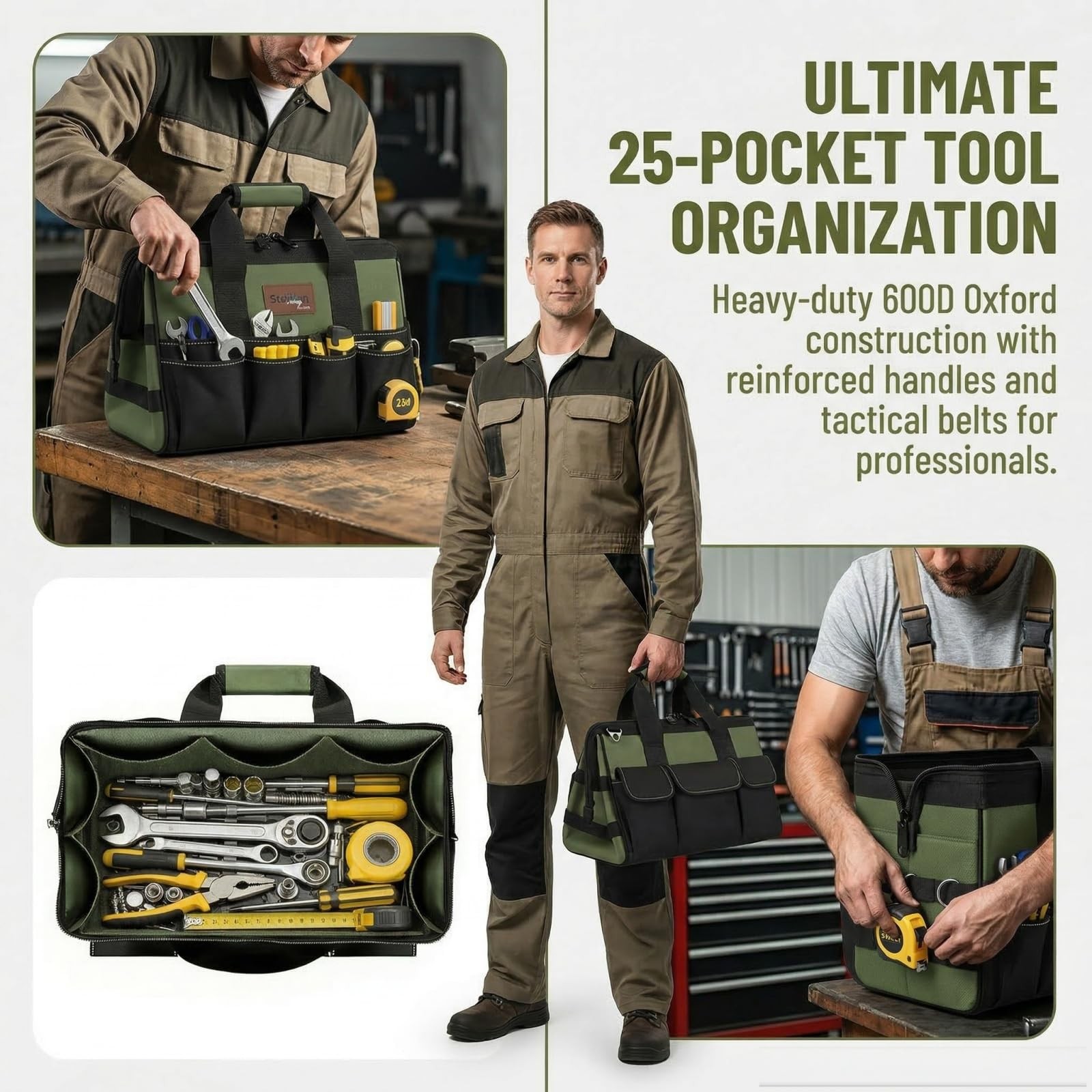Bolsa herramientas resistente de 40 cm, organizador portátil con 25 bolsillos.