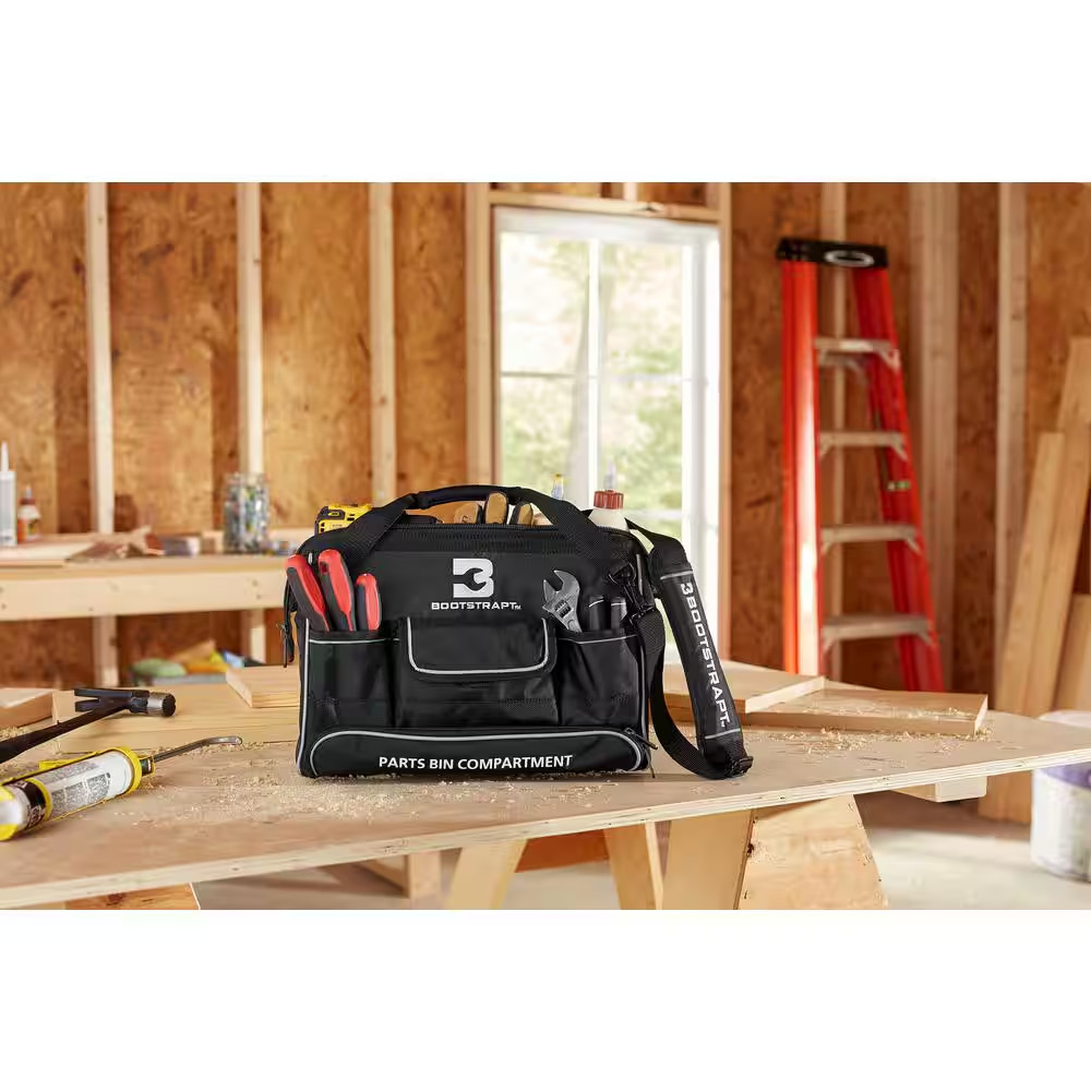 16 In. Large Mouth Tool Bag with Integrated Parts Bin Compartment NEW