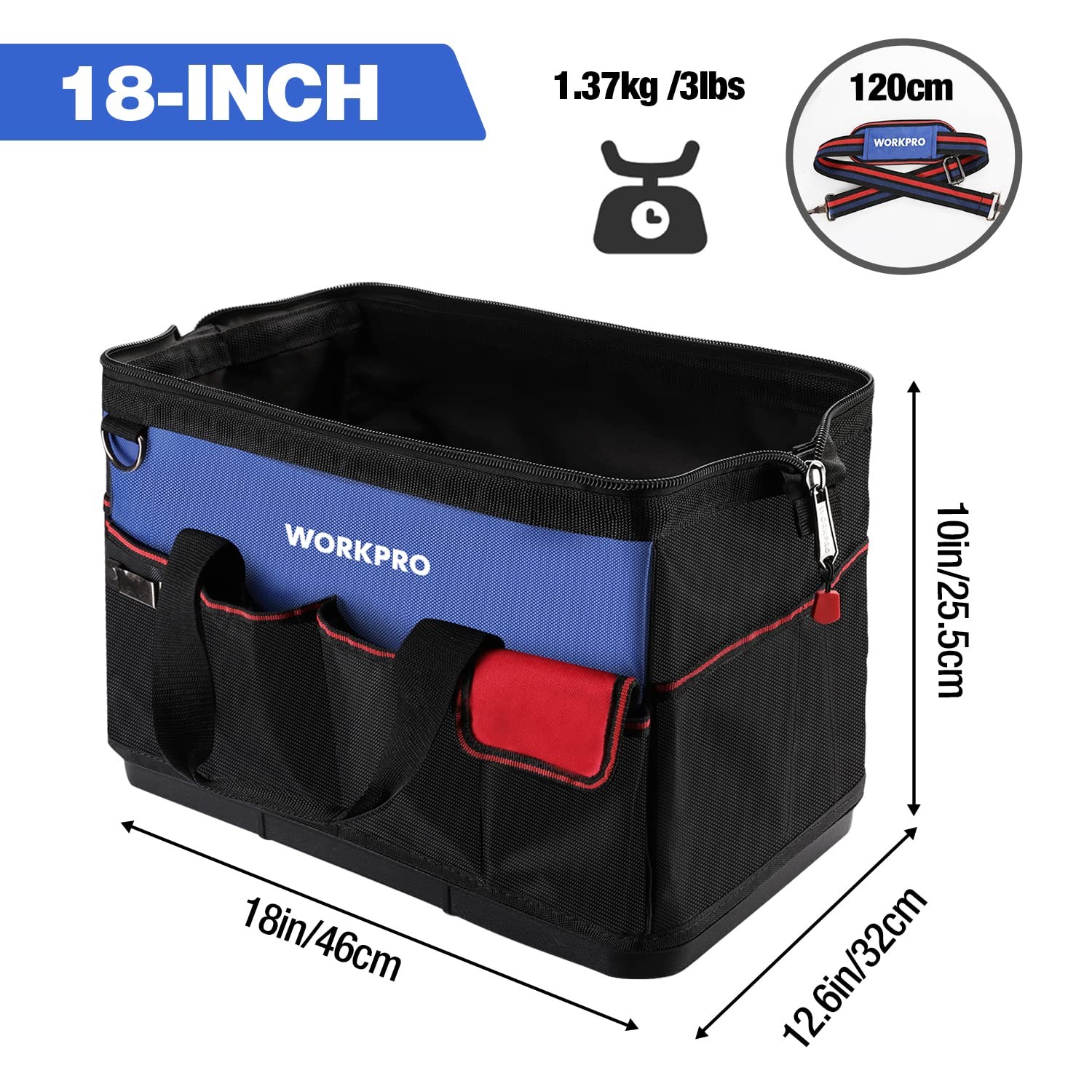 WORKPRO Tool Bag, 18 Inch Bag with 18″ x 12.6″ x 10″, Blue&Black