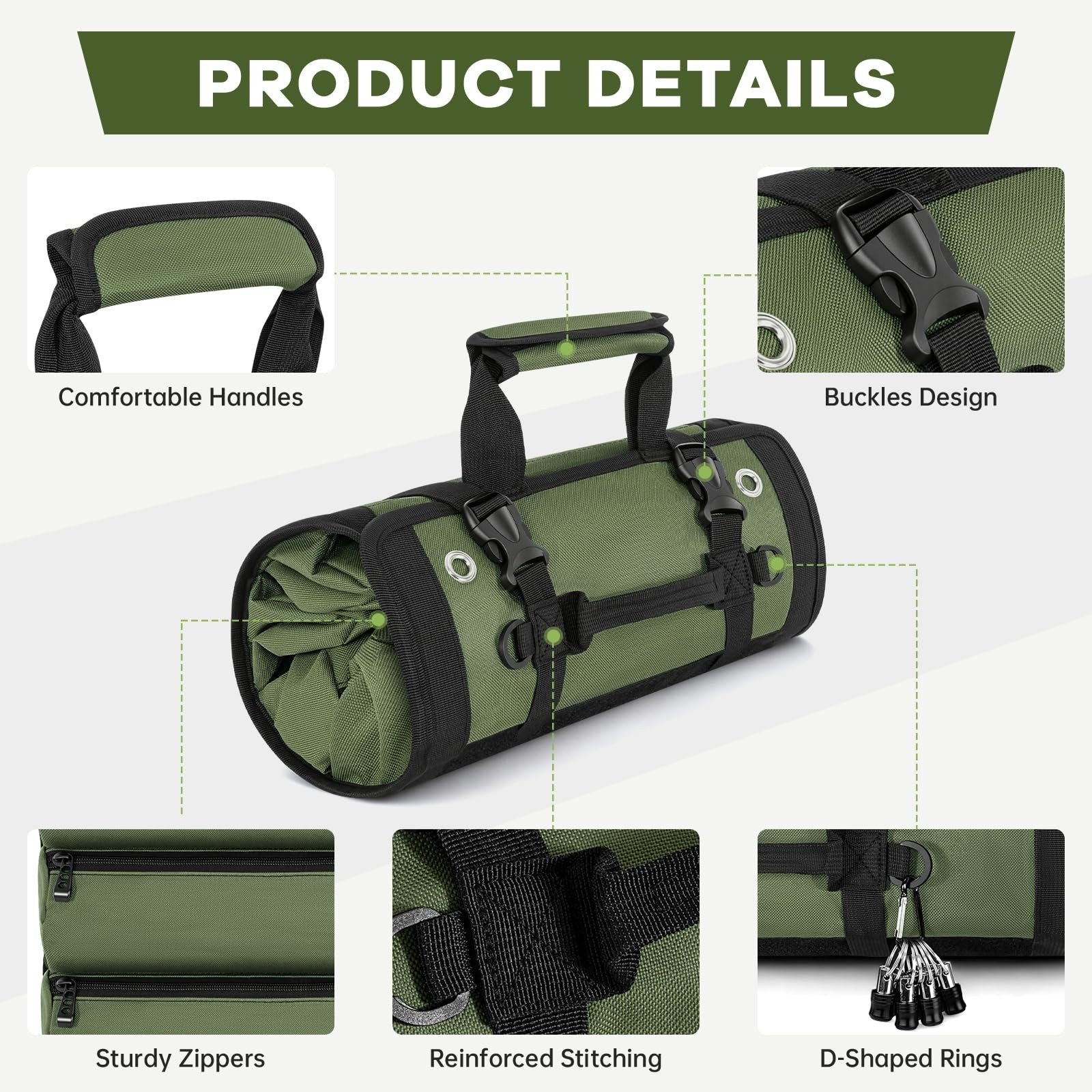 Green Regular Roll Up Tool Bag Organizer Heavy Duty 2 Detachable Pouches