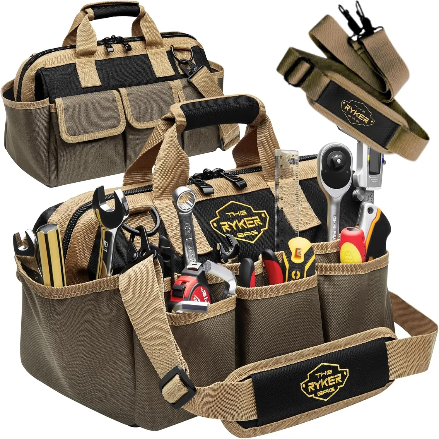 14″ Heavy Duty Tool Bag Wide Mouth Organizer w/ 22 Pockets Shoulder Strap