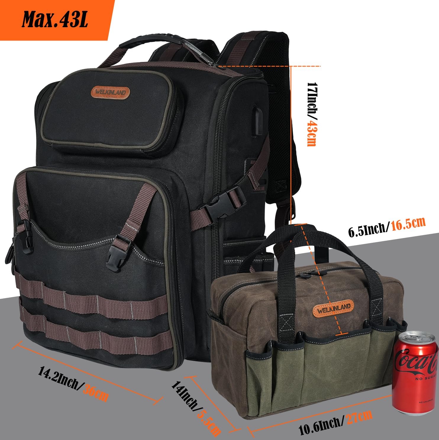 WELKINLAND 60-Pocket Electrician Backpack & Tool Medium, Black,Brown,Green