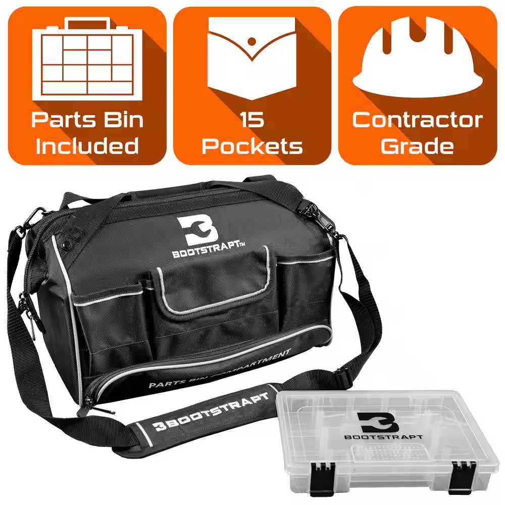 16 In. Large Mouth Tool Bag with Integrated Parts Bin Compartment Free Shipping