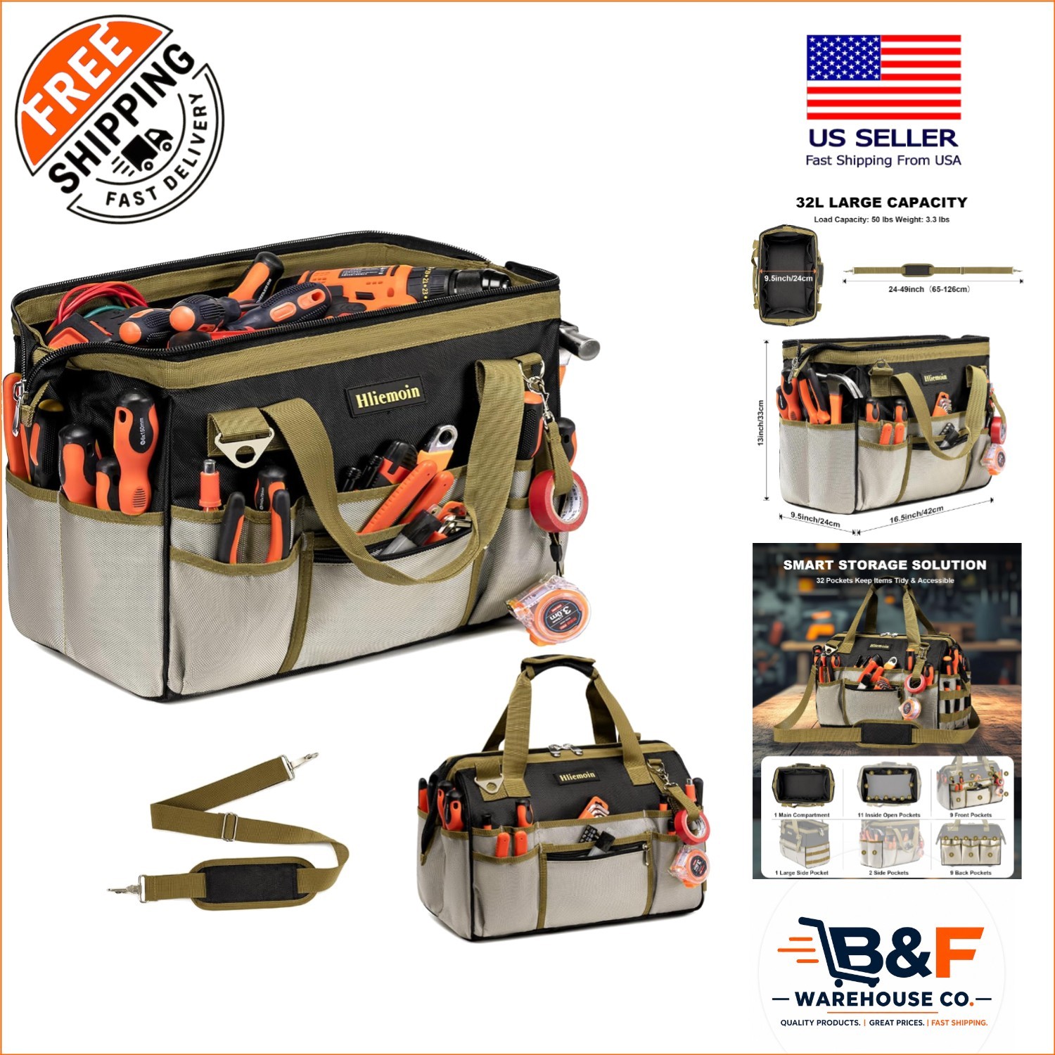 Pro-Grade Tool Bag for Mechanics – 32 Compartment Design & Comfortable Carry