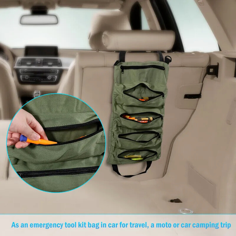 Multi-Purpose Tool Roll Up Bag 5 Pocket Wrench Pouch Canvas Hanging Organizer US