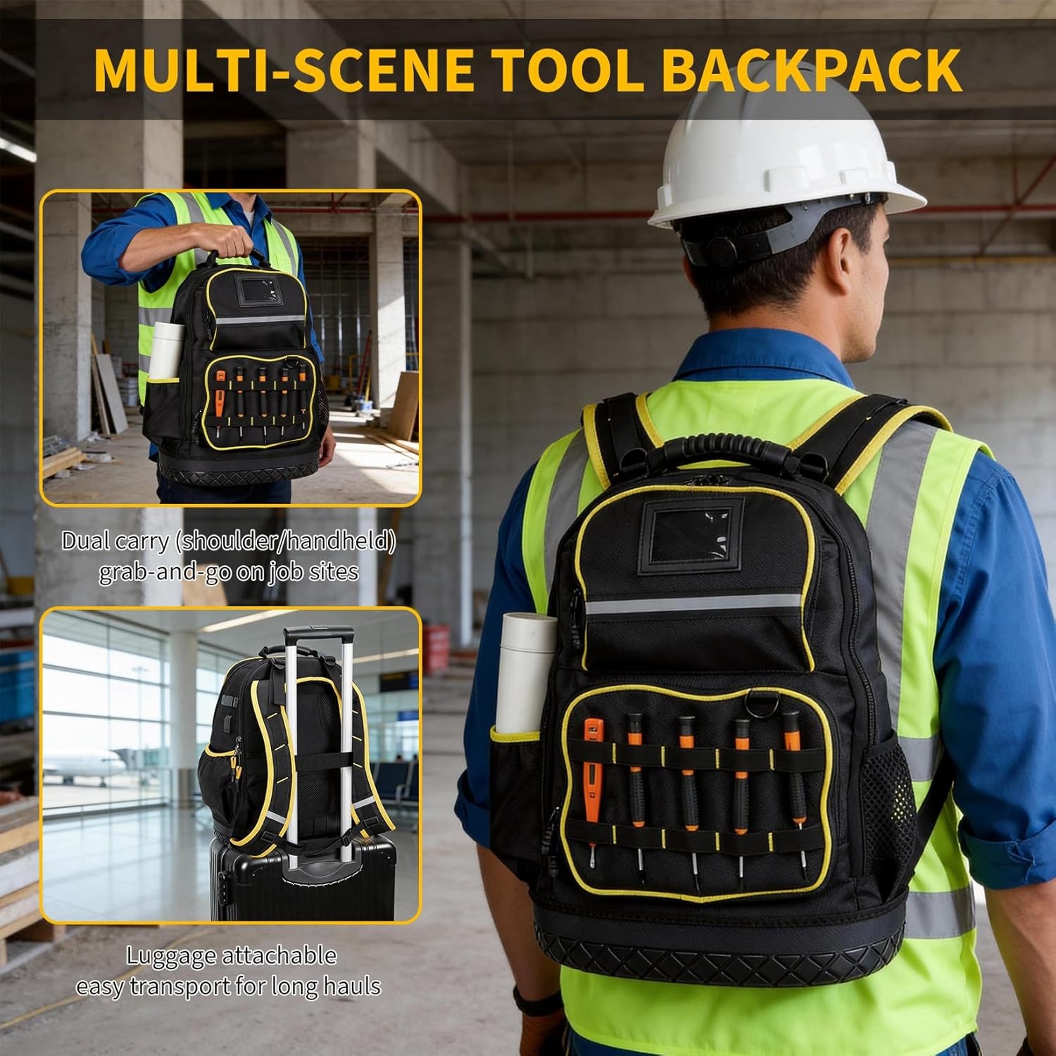 Tool Backpack 18-Inch Worker Oxford Fabric Bag w/ Multiple Pockets & Hard Bottom