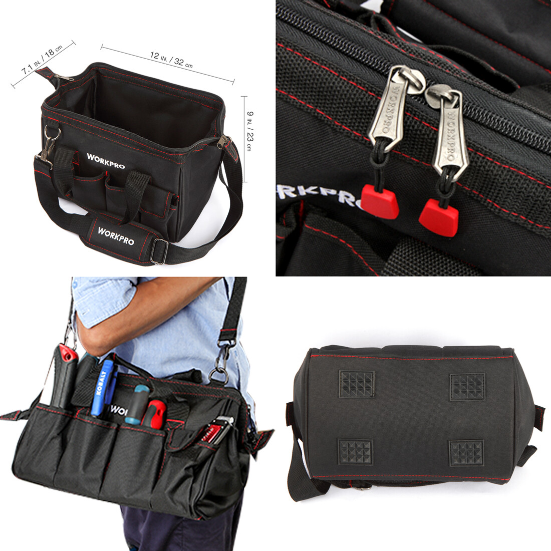 Workpro 12” Storage Tool Bag Close Top Wide Open Mouth Polyester Double Zipper
