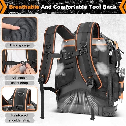 Heavy Duty Tool Backpack for Men, Durable 1680D Organizer with Molded Base & Loc
