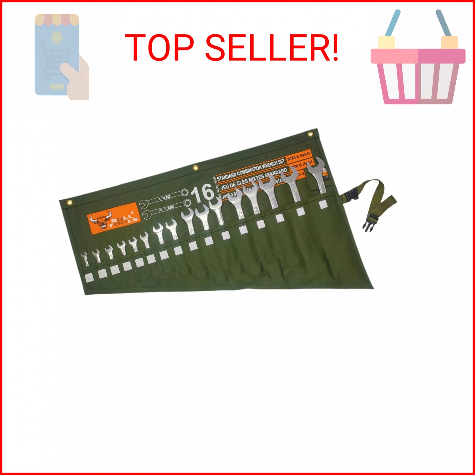 BULL TOOLS Roll Up Tool Bag Organizer 16 Pockets Metric & SAE Wrench Organizer H