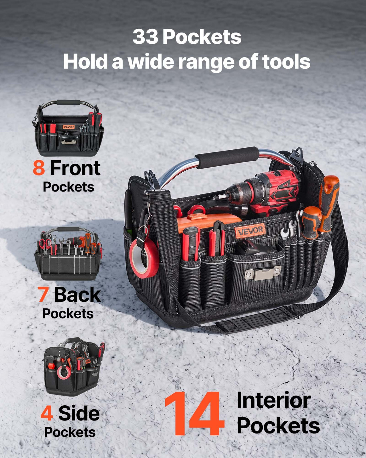 13″ Tool Bag 33-Pocket Open Top Tool Tote Organizer w/ Shoulder Strap