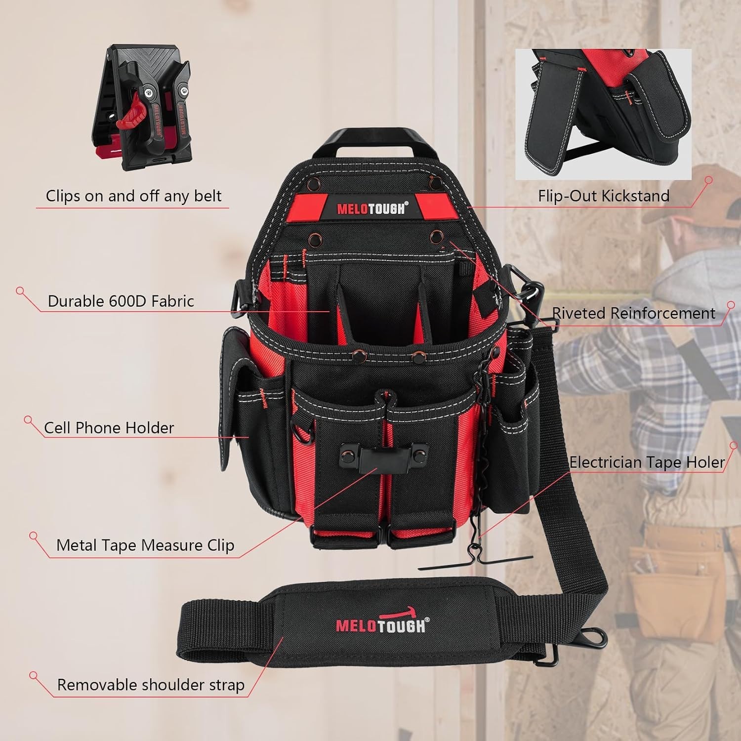 Professional Tool Pouch with Removable Shoulder Strap – 16 Pocket Organizer