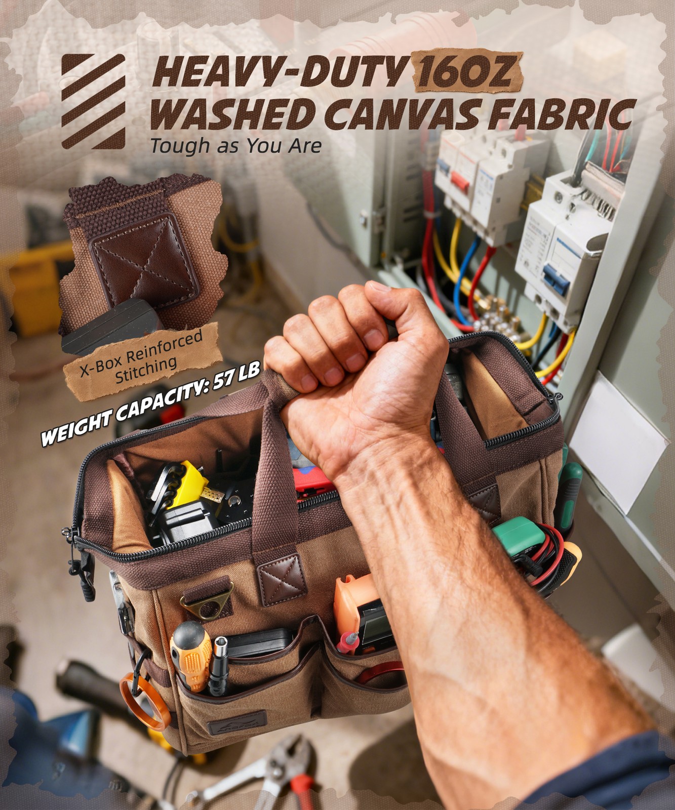 ARCFOX Washed Canvas Electrician Tool Bag 21 Pockets Wide Mouth Tool Organizer