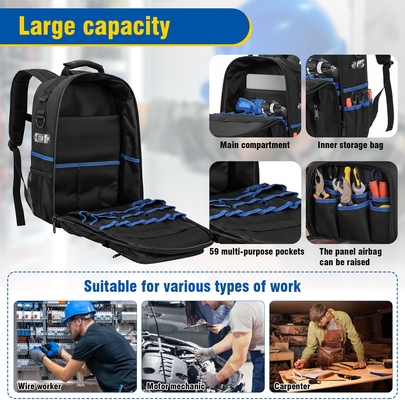 Heavy Duty Tool Backpack for Men Electrician HVAC Construction Bag w/ 59 Pockets
