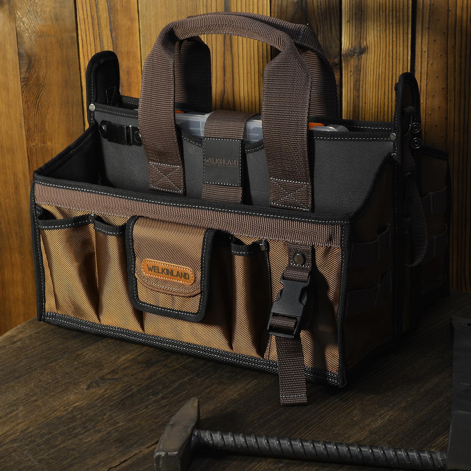 WELKINLAND 20-Pockets Tool Tote Bag, 16″ Electrician Black/Brown