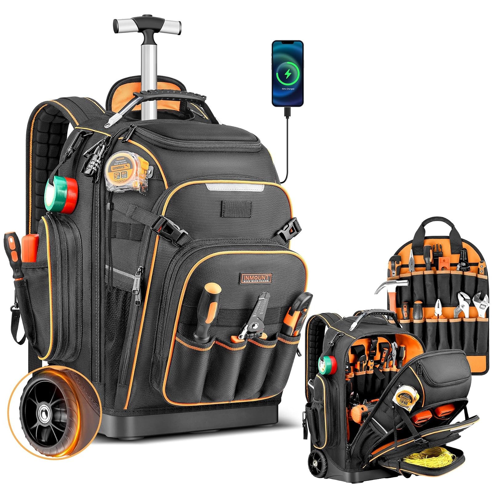 Wheeled Tool Backpack Rolling Organizer Lock USB Port
