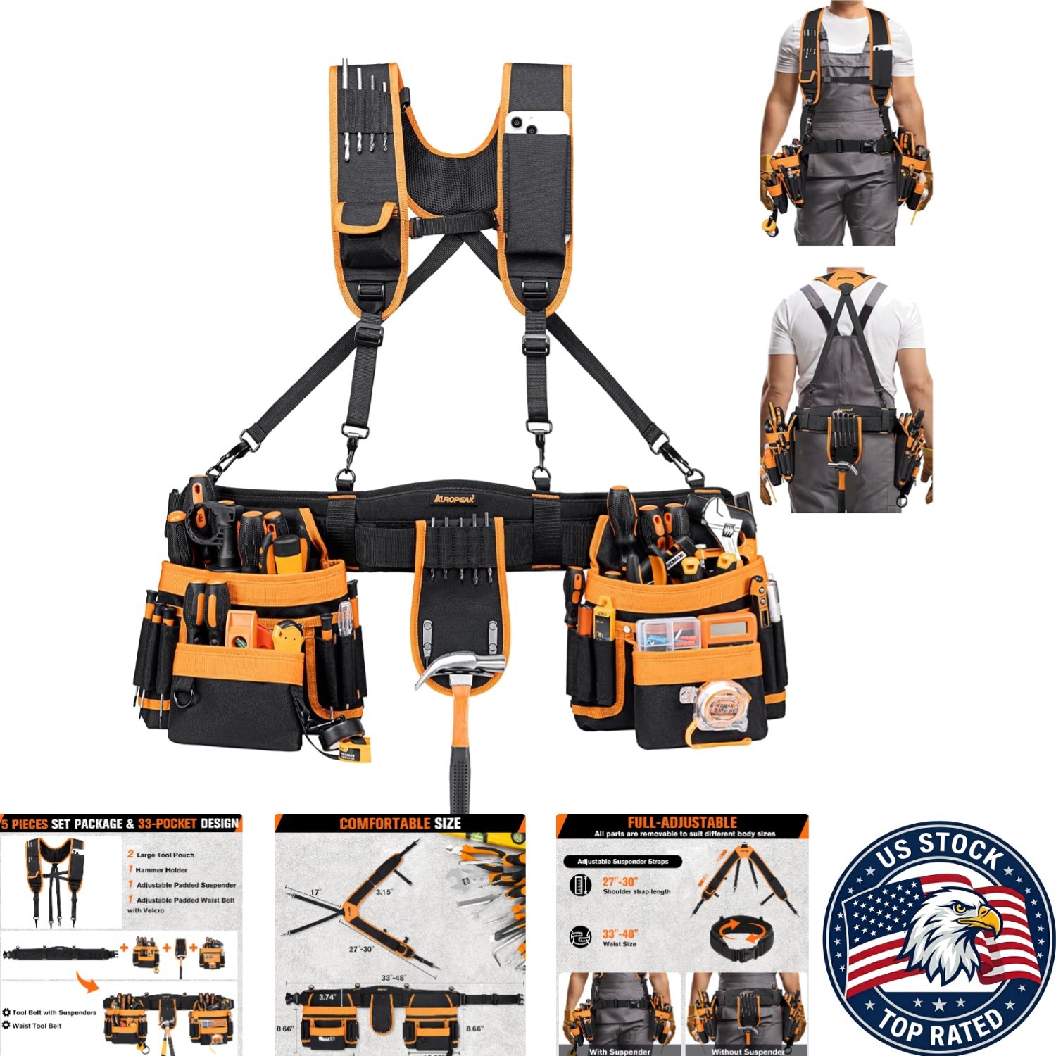 Durable 33-Pocket Electrician Tool Belt in Orange – Adjustable 33” to 48” Size