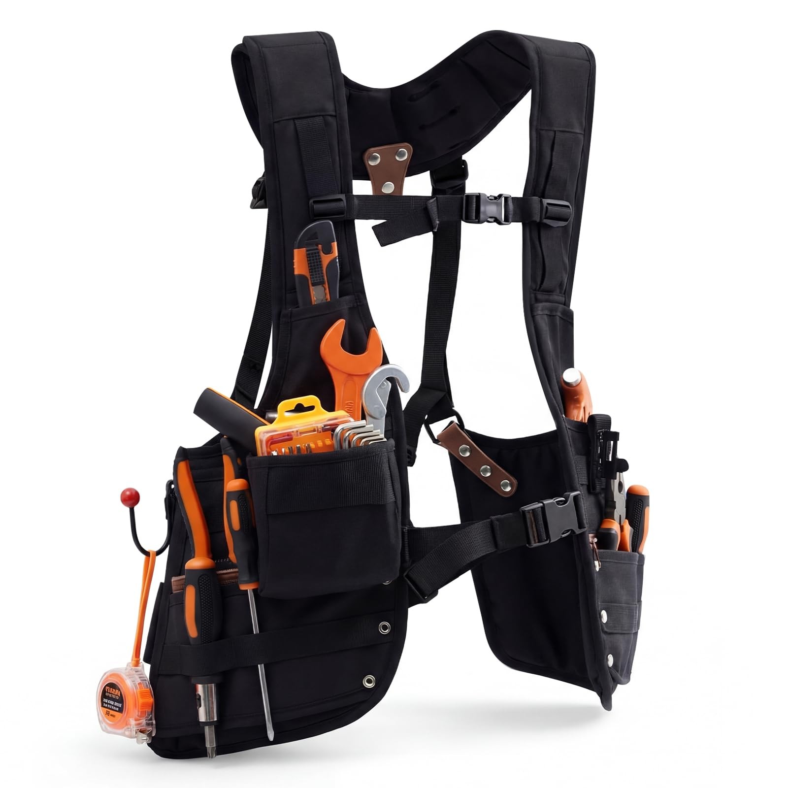 1 Pack Tool Vest with Leather, 33 Pockets with Removable Nail Pouch and Drill.
