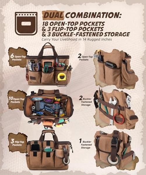 14 Inch Portable Electrician Tool Bag 21 Pockets – Heavy Duty 16OZ Canvas