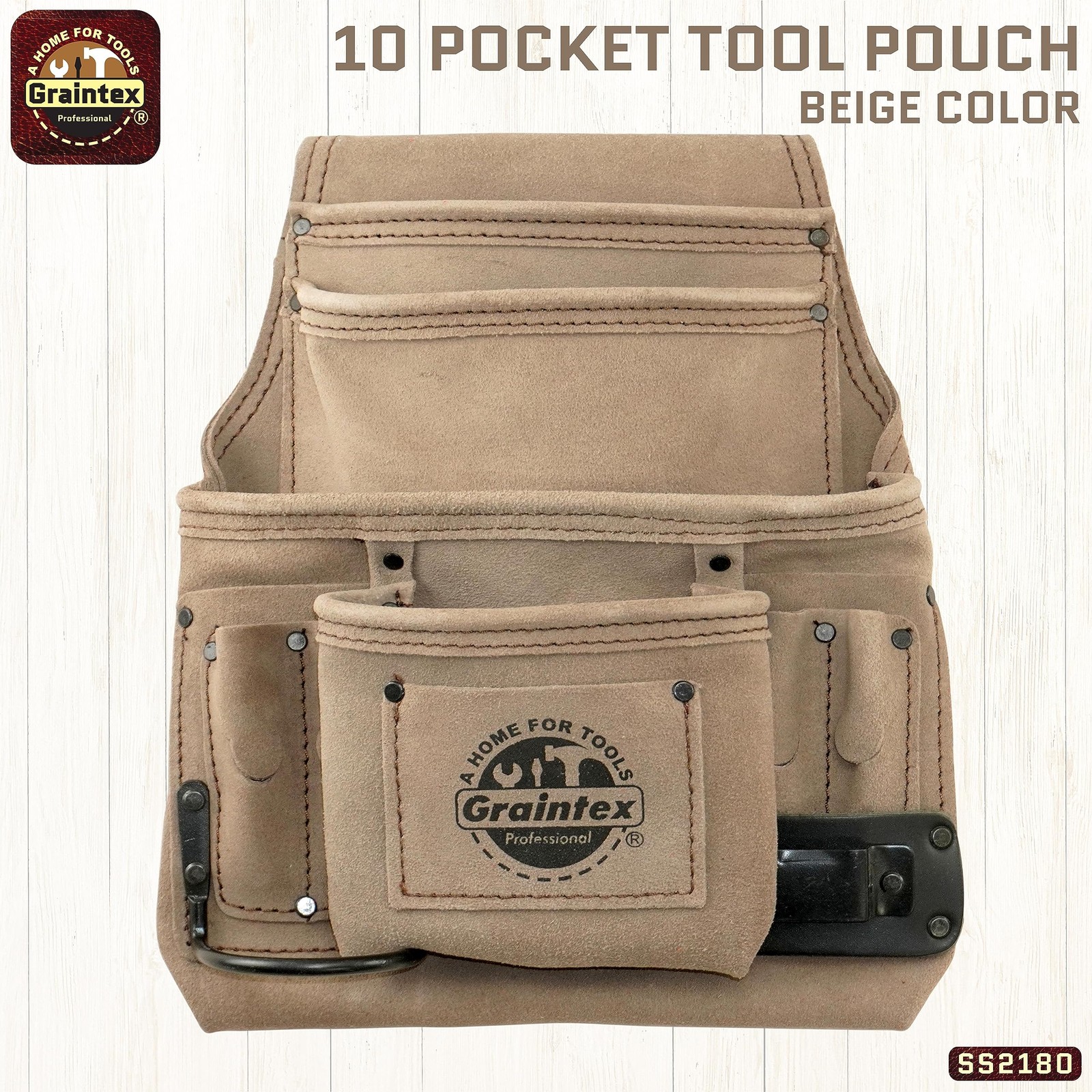 10 Pocket Nail & Tool Pouch, Beige Color Suede Leather Tool Bag, Tool Belt fo…