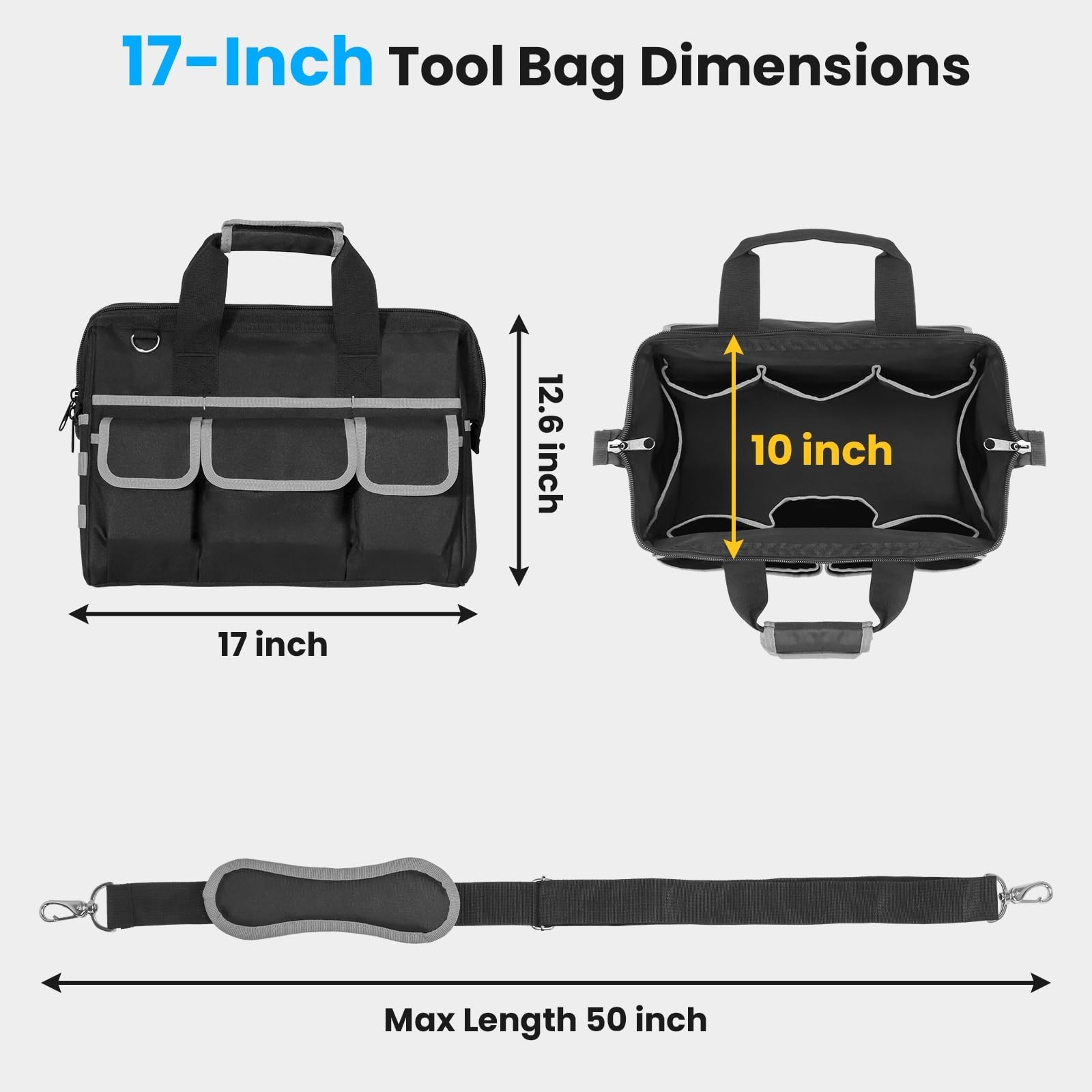 17″ Heavy Duty Tool Bag, Waterproof Multi-Pocket Organizer with Adjustable Strap