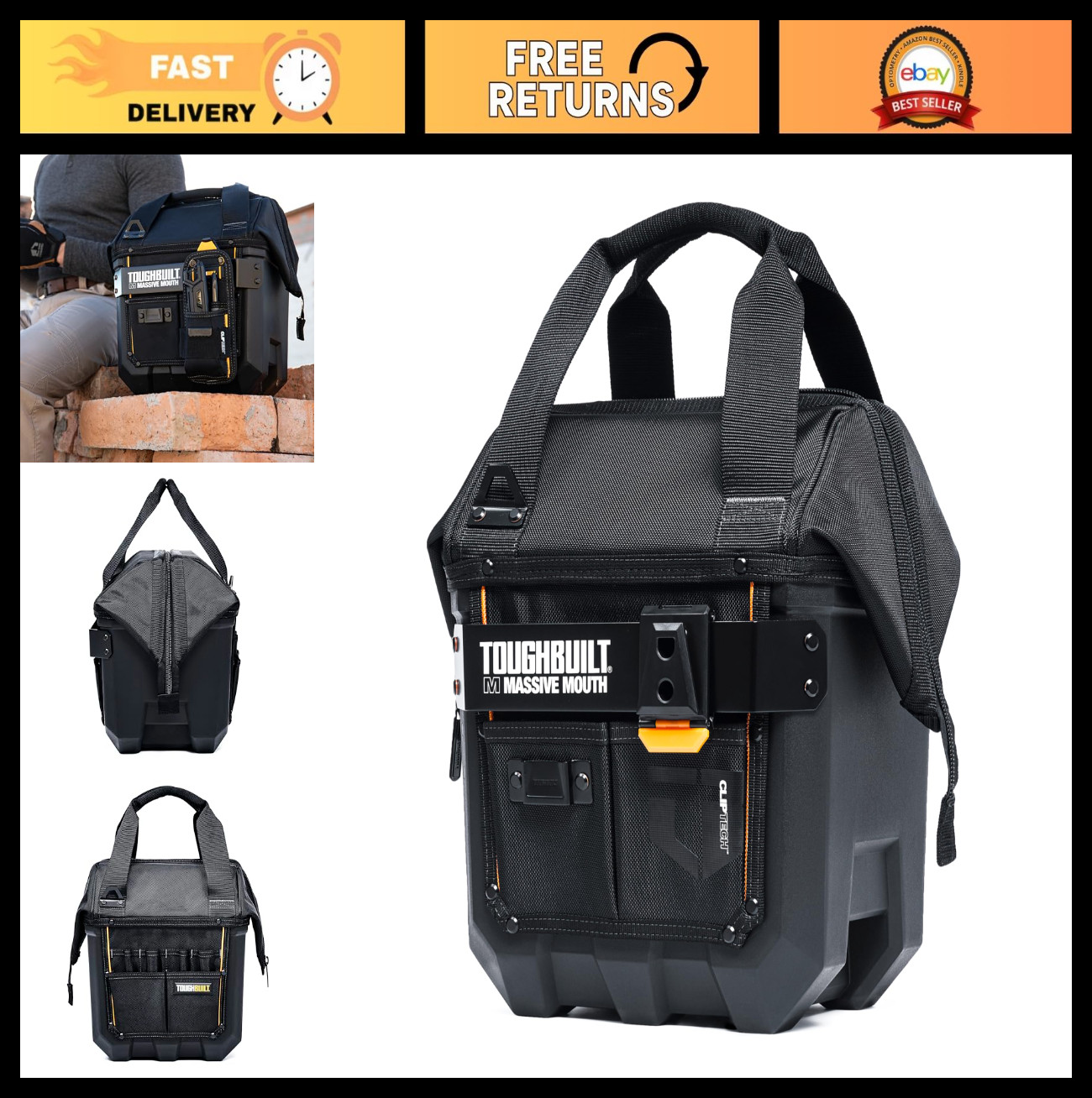 Massive Mouth 12-Inch Tool Bag, Wide-Opening Hard Body, 25 Pockets, Reinforced H