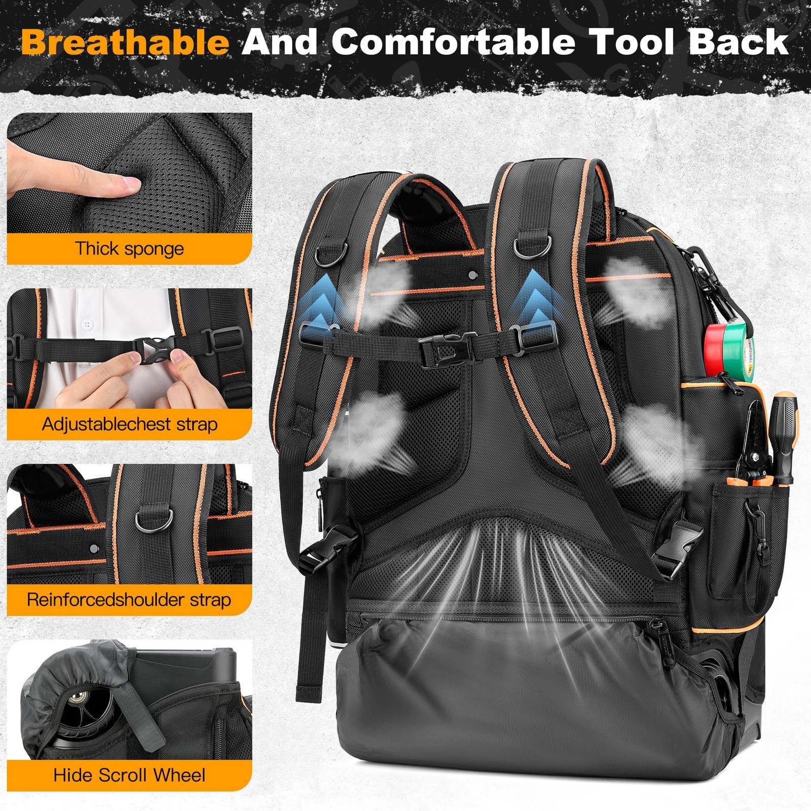 Large Tool Backpack Bag with Wheels, Combination Lock, USB Port, Molded Base