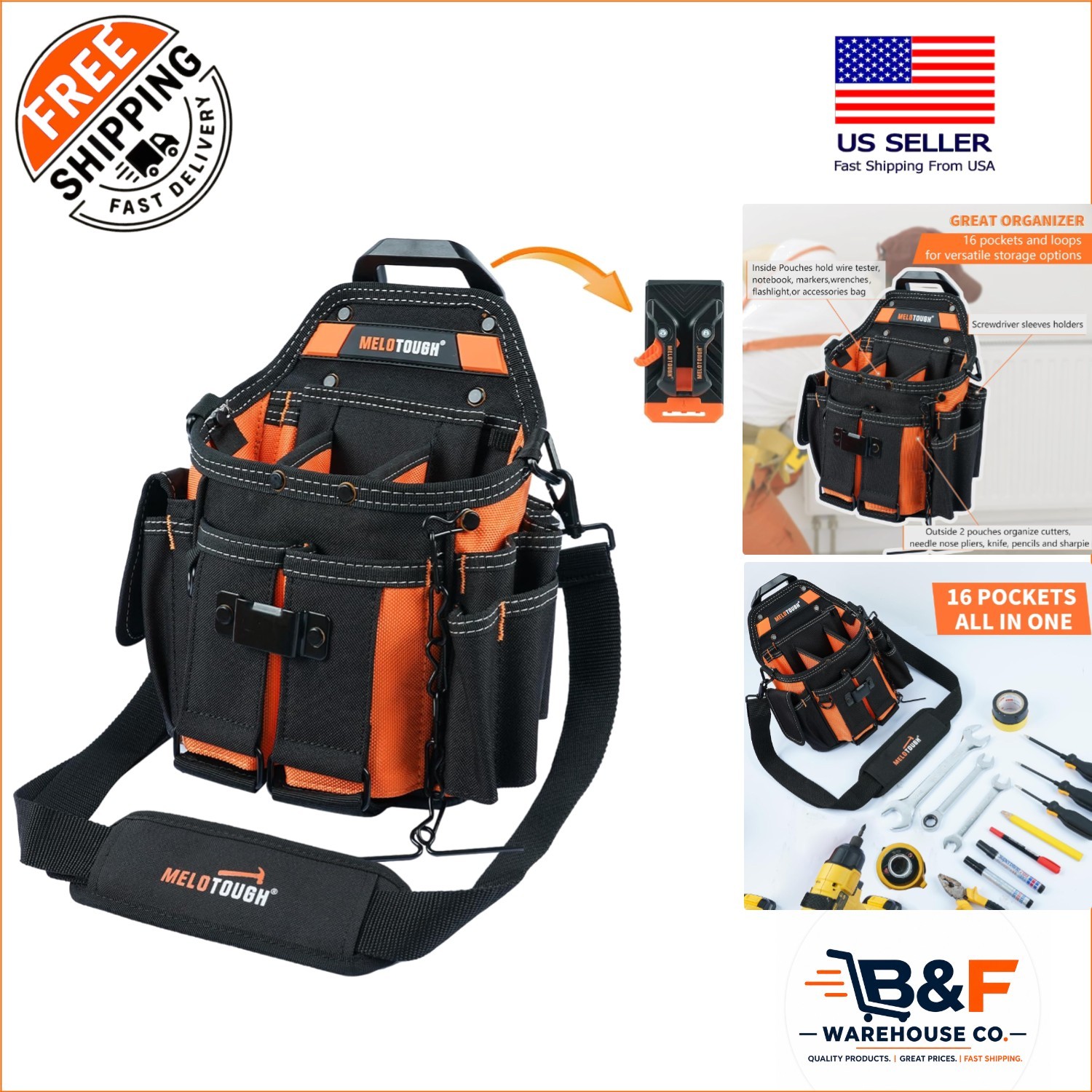 Versatile Electrician Tool Organizer with Quick Release Clip and Shoulder Strap