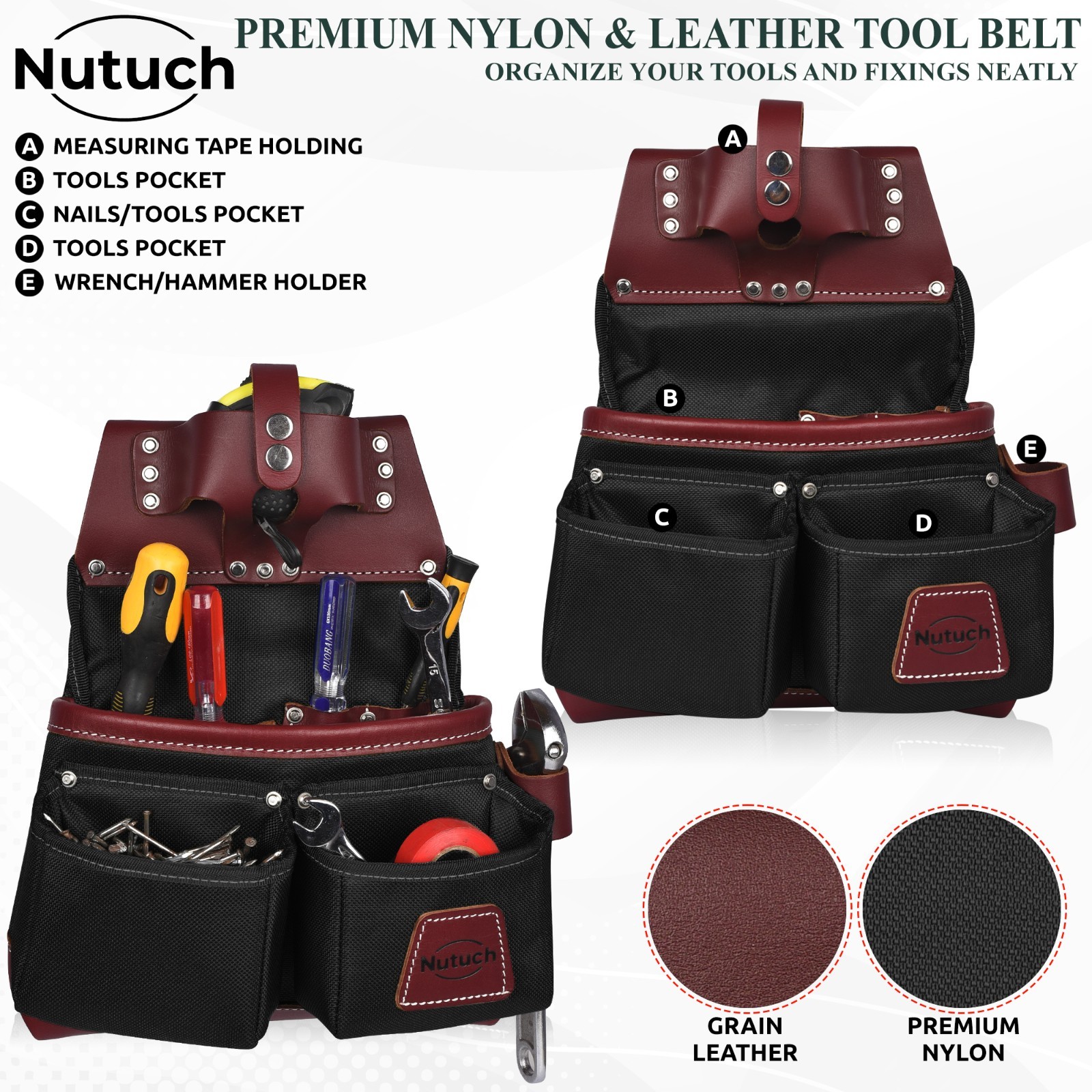 NUTUCH Nylon and Leather Tool Belt | Carpenter Tool Belts | Electrician