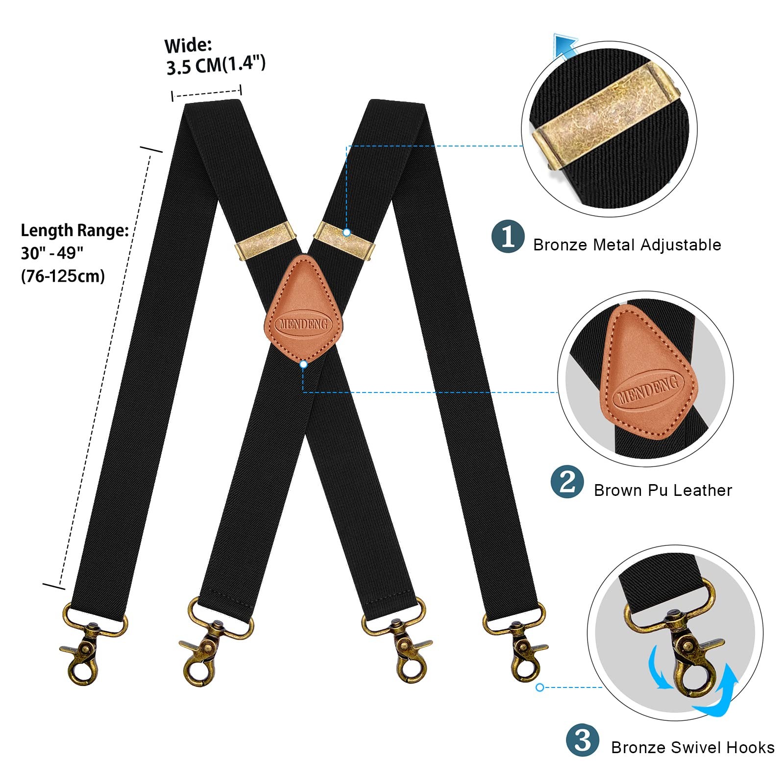 MENDENG Suspenders for Men Black Bronze Snap Hooks One Size, Black/Snap
