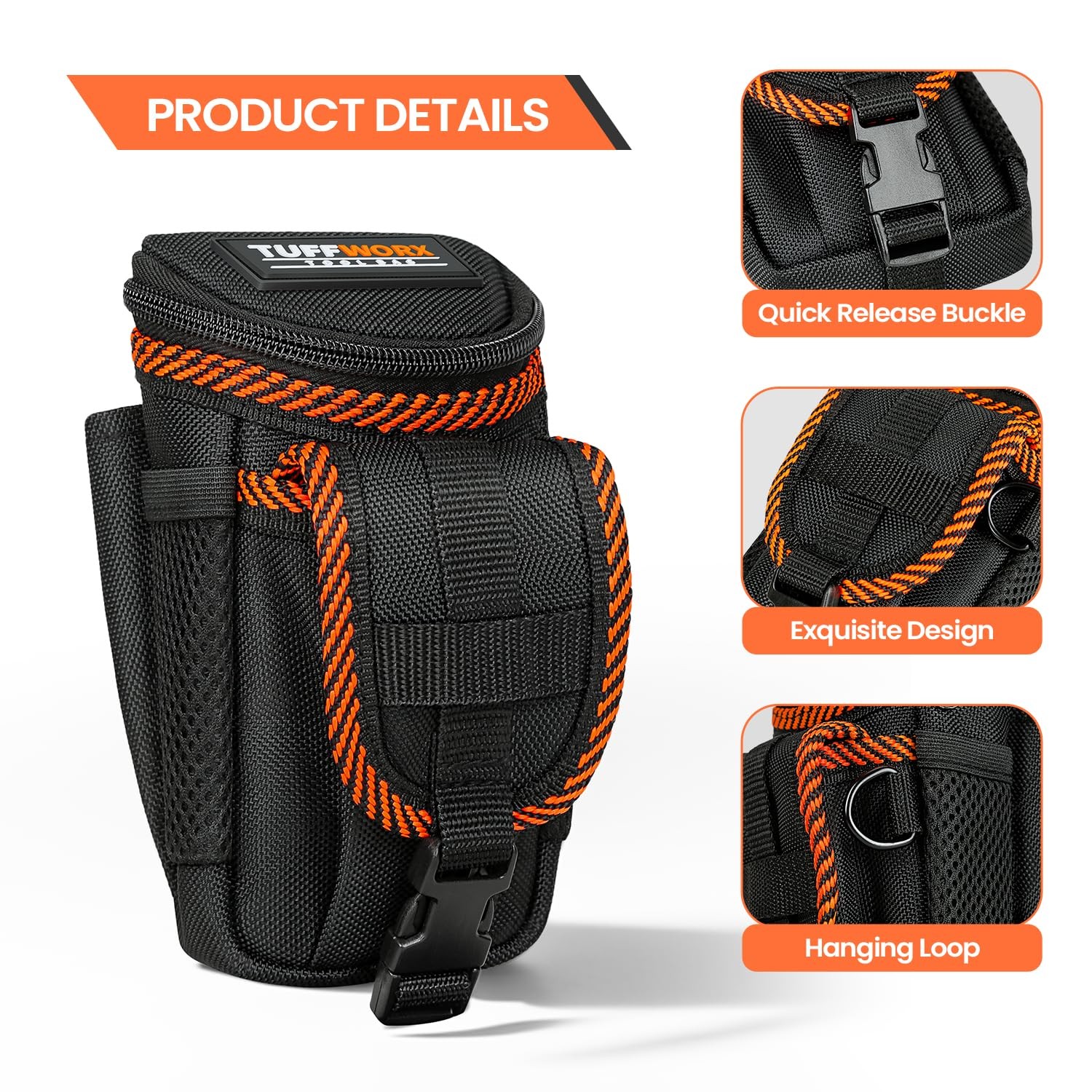 Tool Belt Pouch, Heavy Duty Utility Holder with Mesh Pocket, Black and Orange